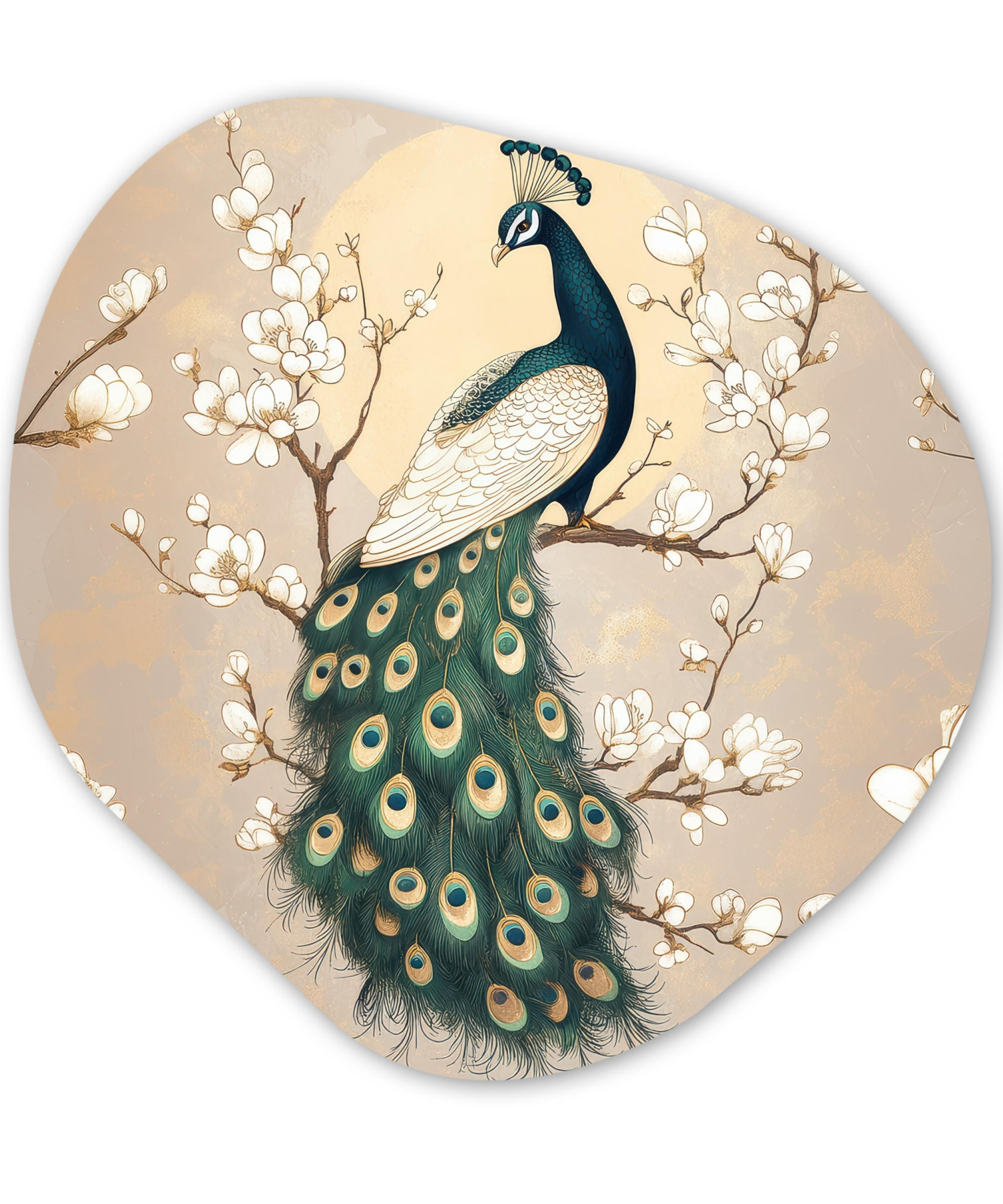 WANDBILD Pfau - Zweig - Blumen 40x40 cm - Champagner, Kunststoff (40/40cm) - MuchoWow