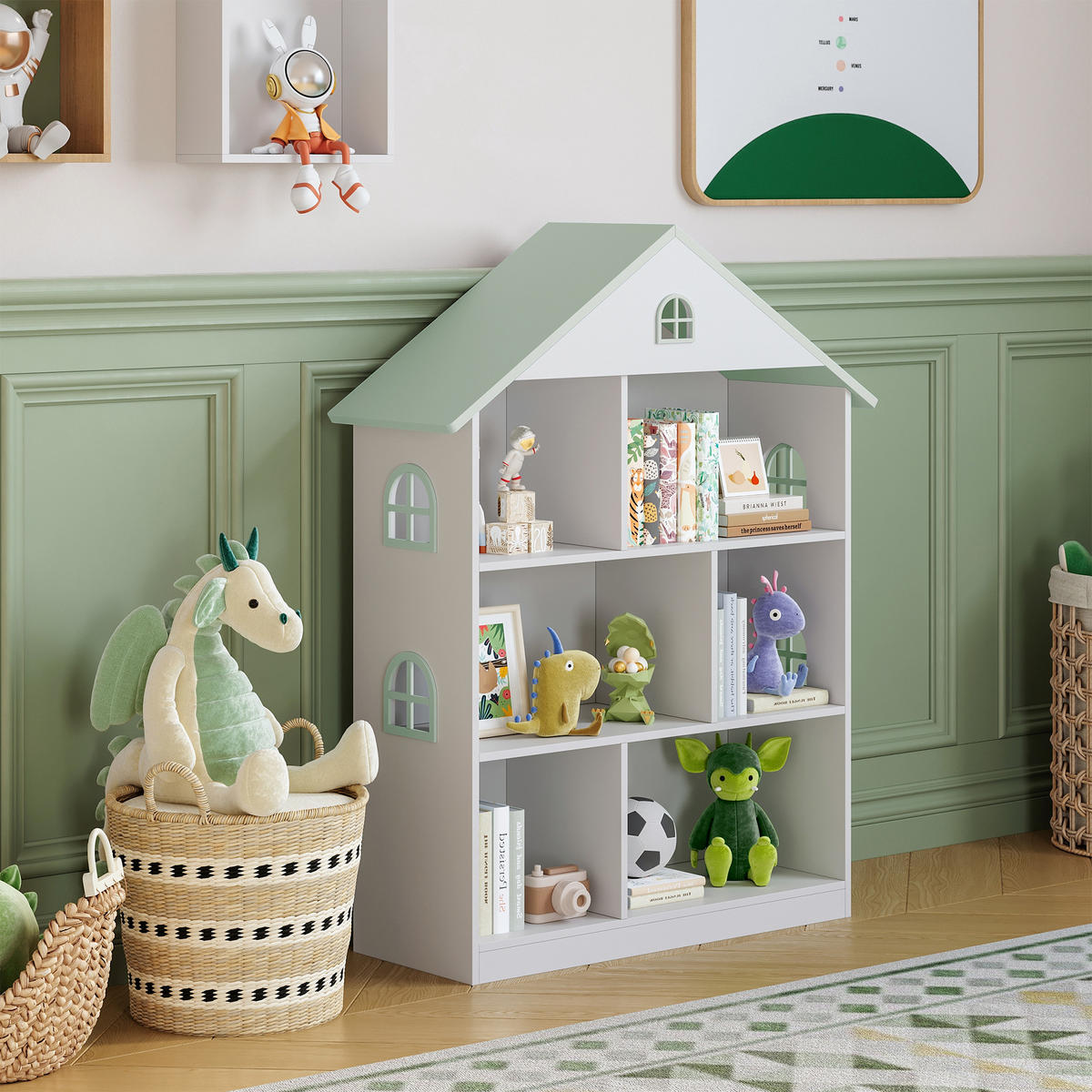 DĚTSKÁ POLICE Vipsali - bílá/mátově zelená, kompozitní dřevo (83/106.5/30cm) - [en.casa]