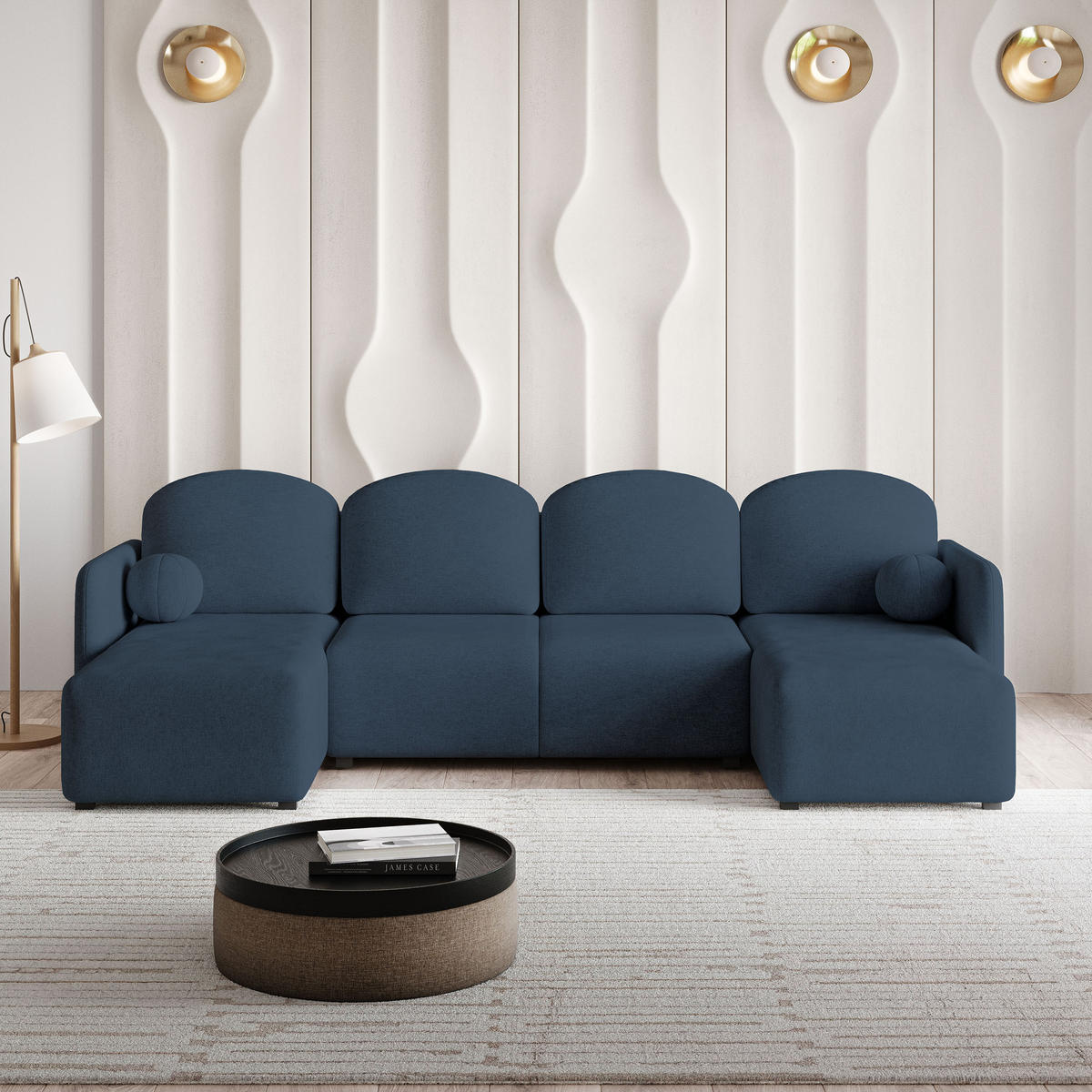 ROHOVÁ SEDAČKA NUBERO modrá - šedá/modrá, dřevo/textil (285/143cm) - MASSENO