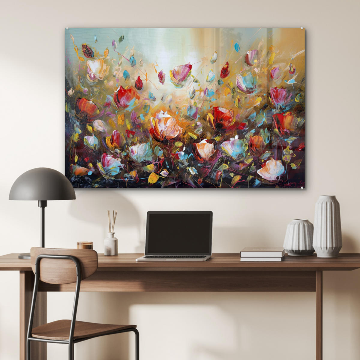 ACRYLGLASBILD Blumen - Kunst - Natur - Ölgemälde 90x60 cm - Multicolor, Glas (90/60cm) - MuchoWow