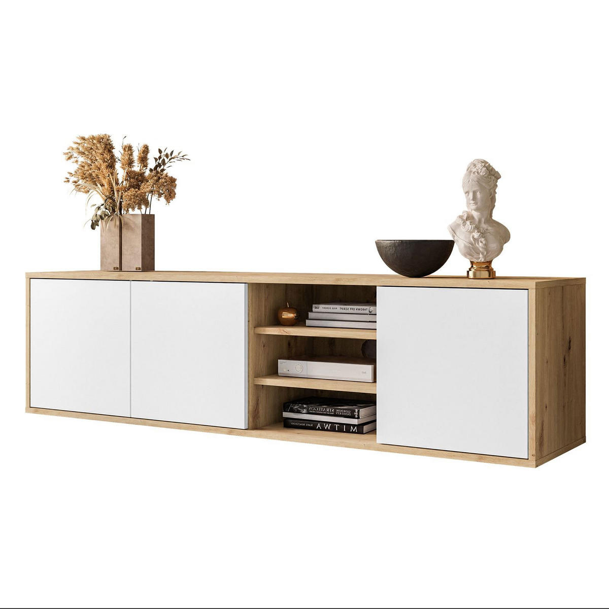 TV-ELEMENT SANAYI Hängend mit Regalen Eiche Artisan/Weiß - Weiß, Holzwerkstoff (156/41/38cm) - Lookway