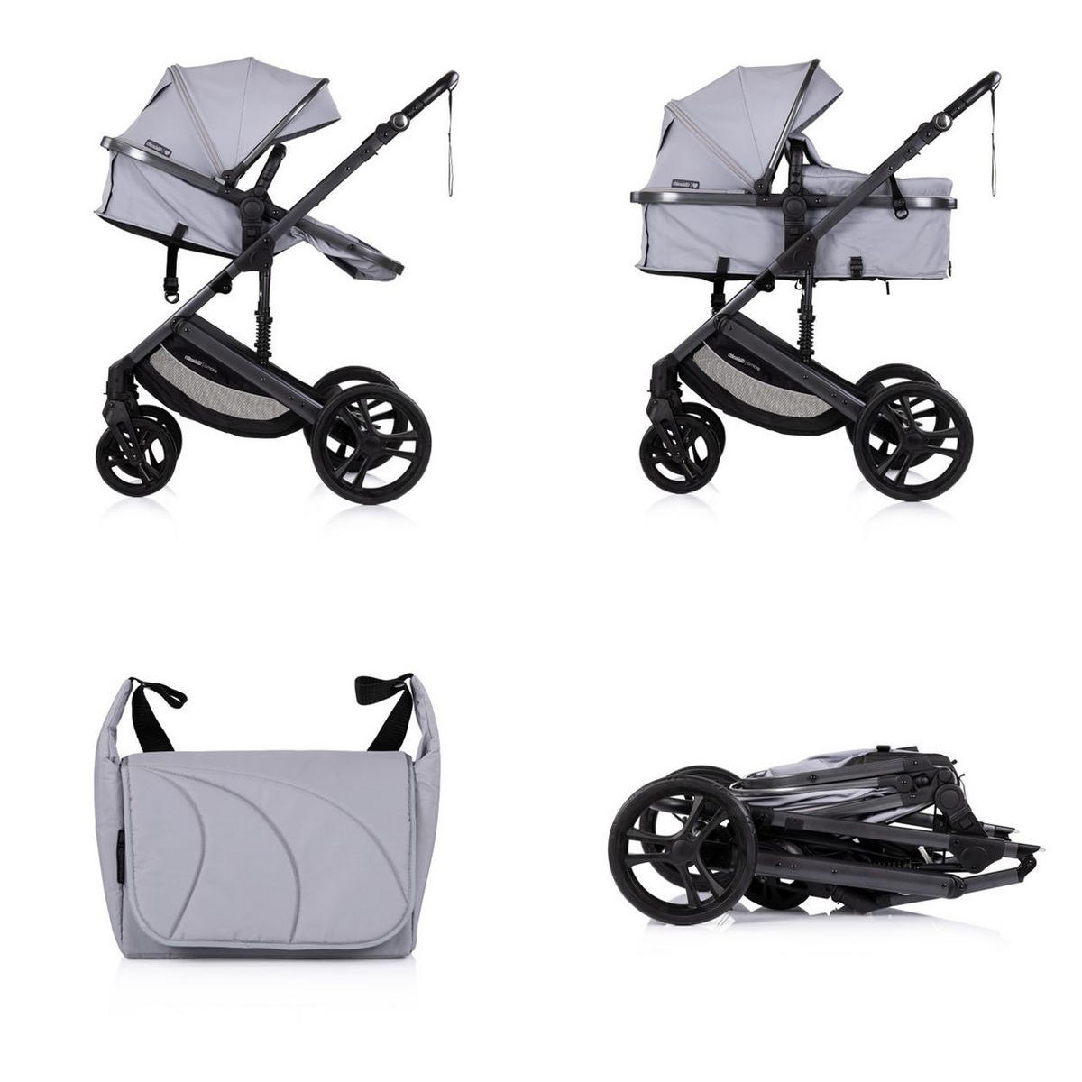 KOMBIKINDERWAGEN 2 in 1 Amore hellgrau Getränkehalter Wickeltasche Fußabdeckung Korb - Schwarz, Metall (95/63/105cm) - Chipolino