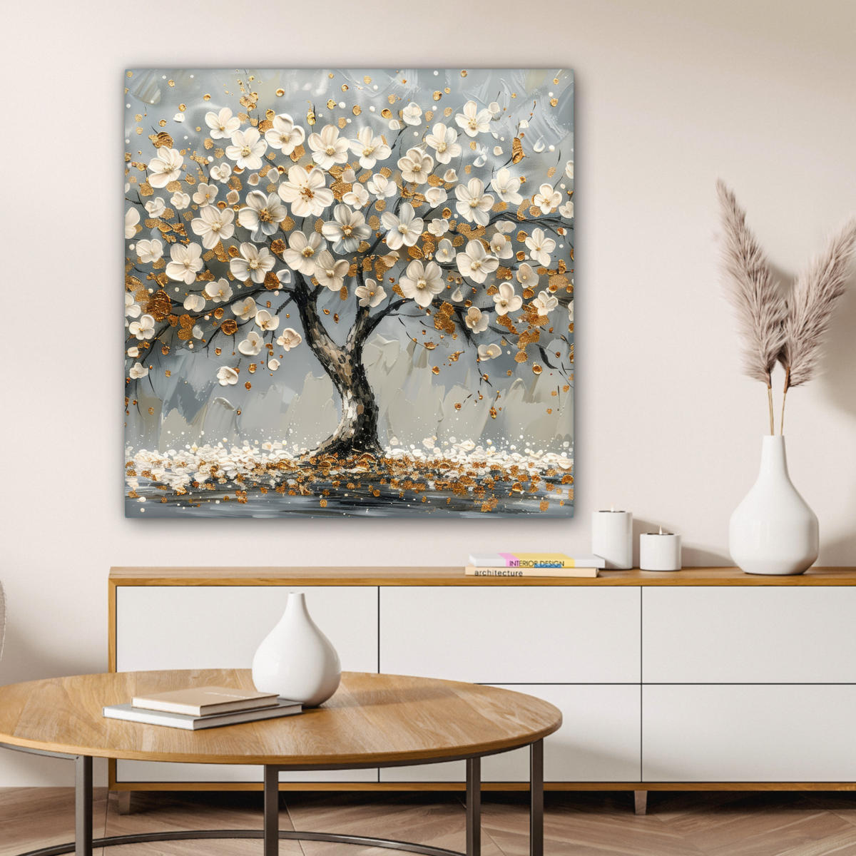 LEINWANDBILD Baum - Blumen - Weiß - Natur - Kunst Deko Groß 90x90 cm - Weiß, Textil (90/90cm) - MuchoWow