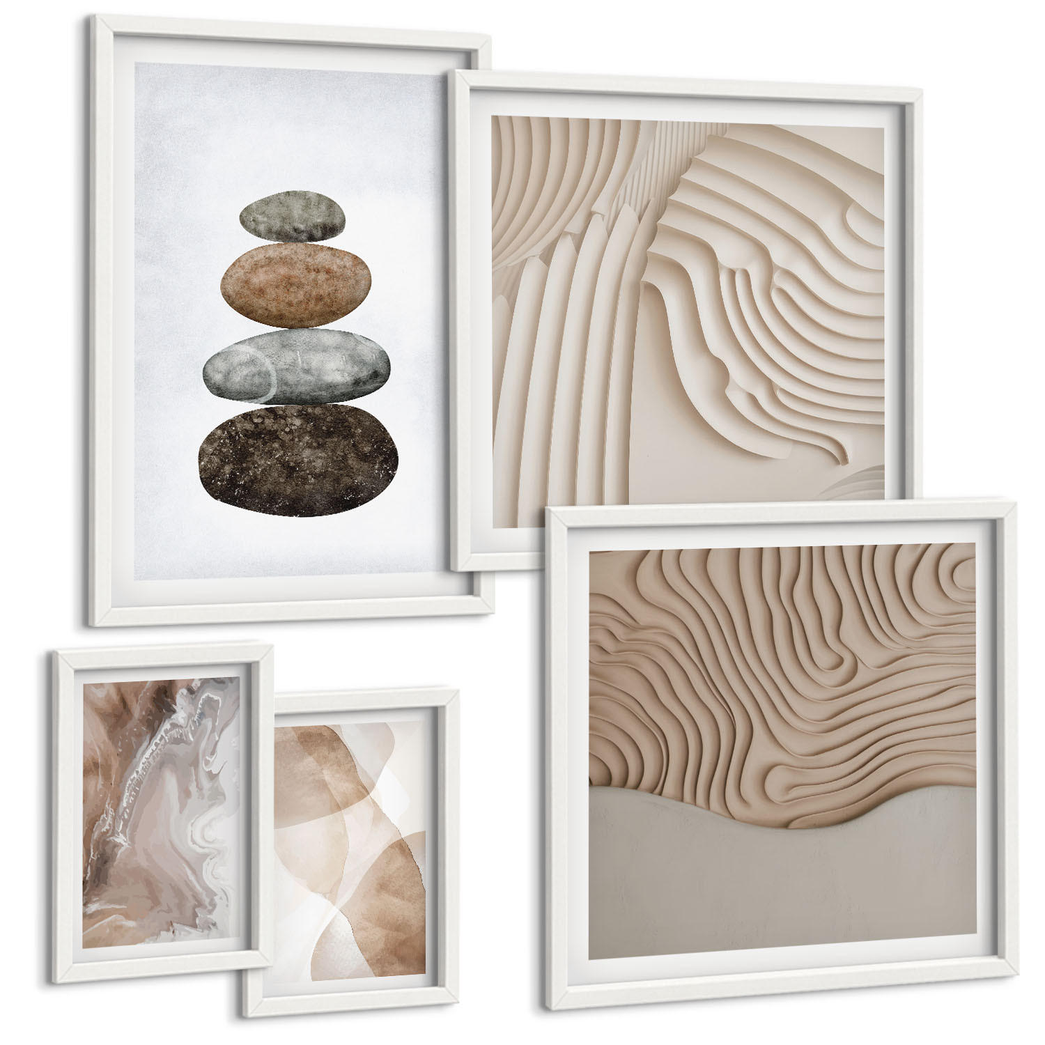 BILDER SET 5er Set - 50x50 cm & 20x30 cm & 40x60 cm Weißer Rahmen - Abstrakte bemalte Strukturen - Weiß, Kunststoff (40/60cm) - TULUP