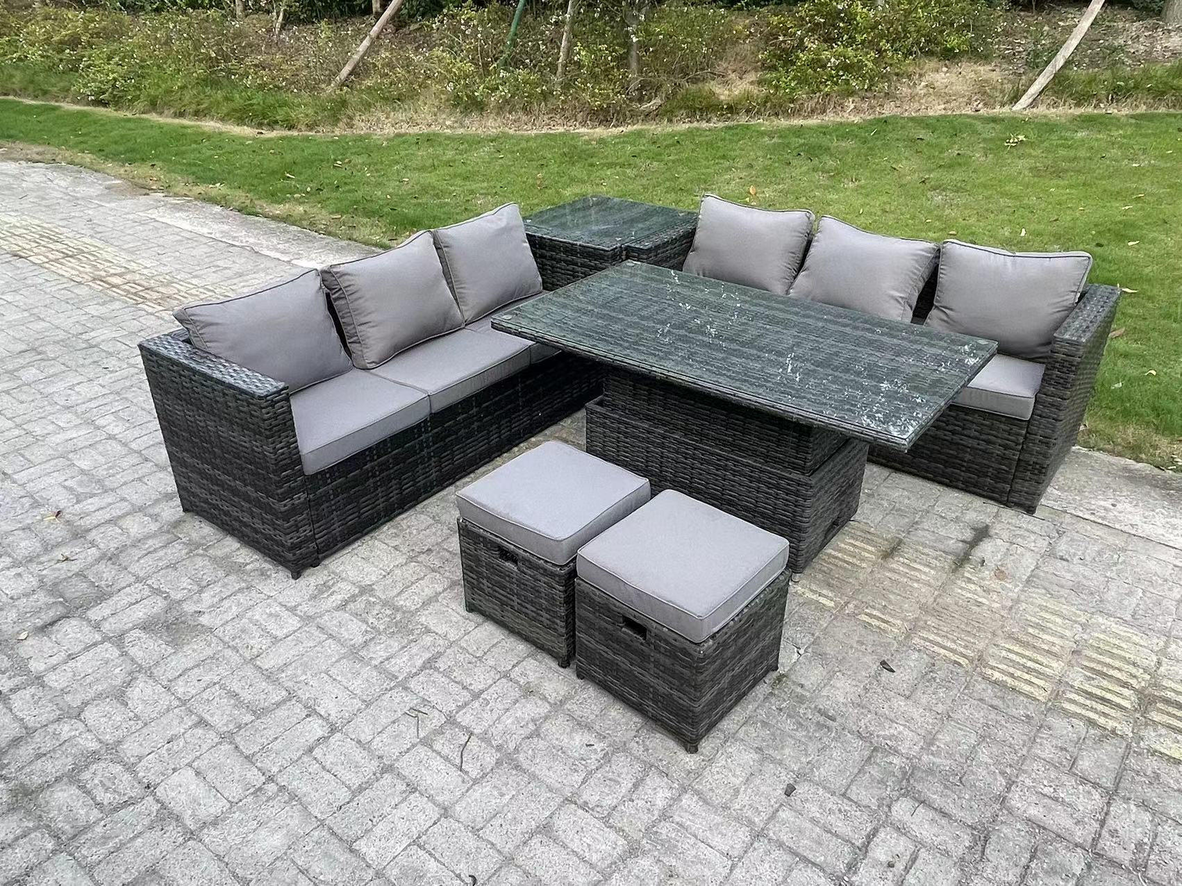 GARTENSOFA SET Polyrattan Dunkelgrau 8-Sitzer - Dunkelgrau, Metall - Fimous
