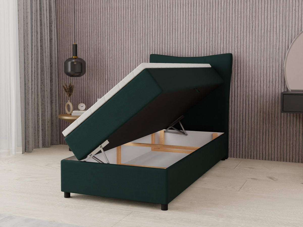 BOXBETT Nevada 90x200 cm Polsterbett mit hochwertiger Bonell-Matratze und Topper - grün - Grün, Holz (90/200cm) - Panda Möbel