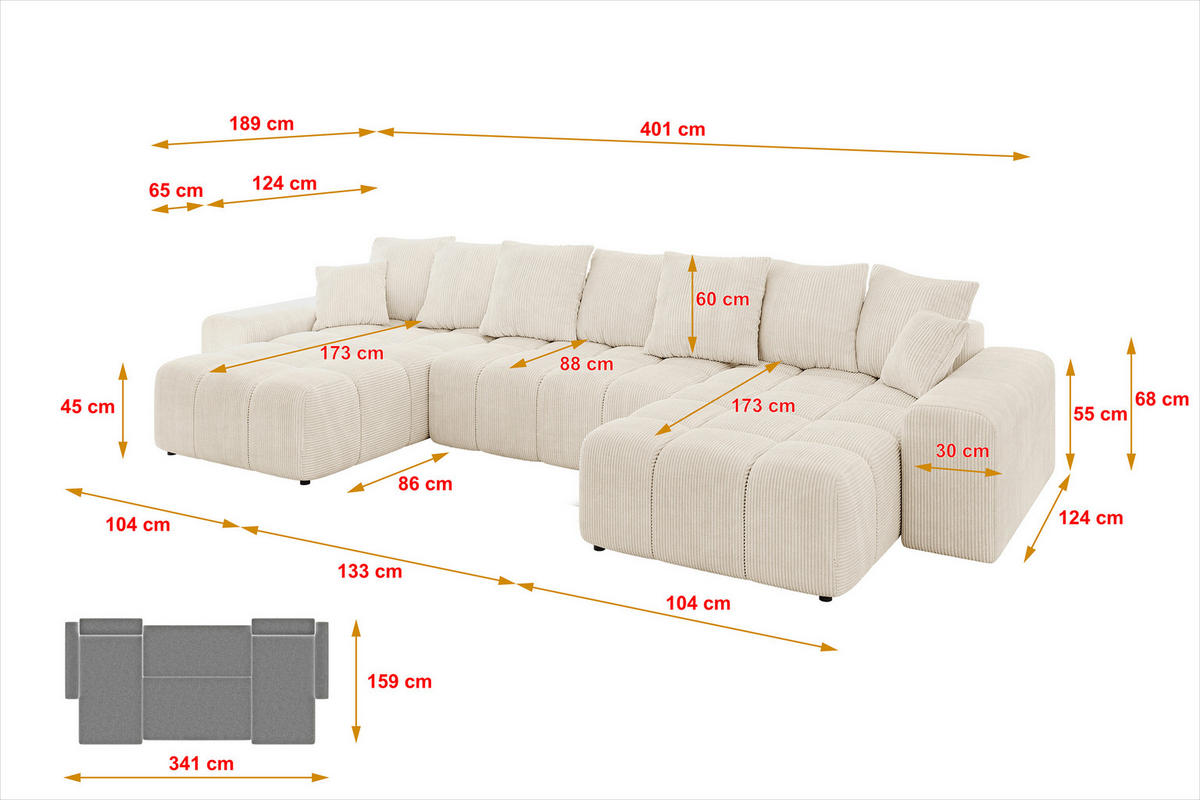 WOHNLANDSCHAFT ENIL-U 401x189x68 Beige Cord - Beige, Holzwerkstoff/Kunststoff (401/68/189cm) - ALTDECOR