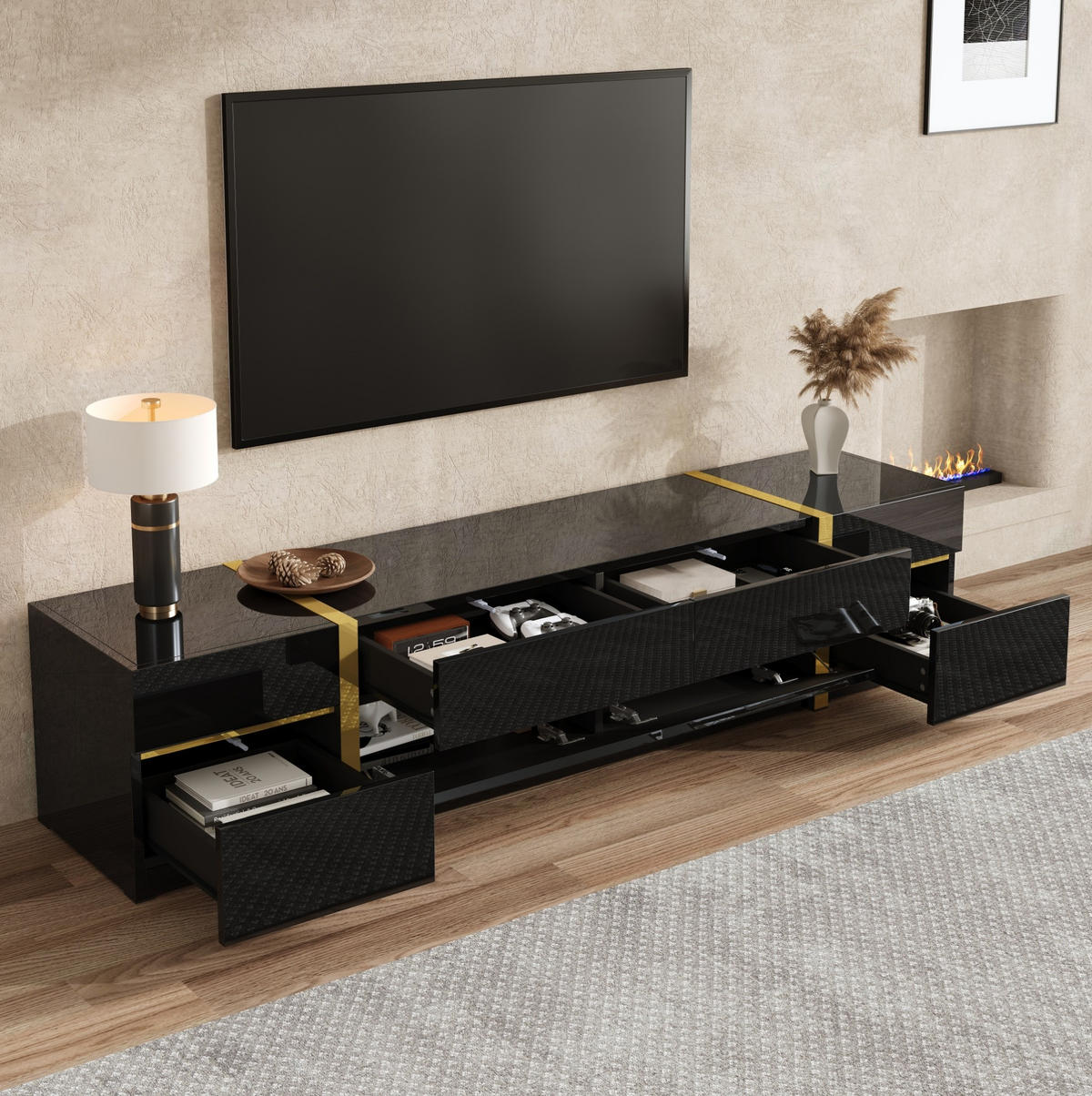 TV-SCHRANK 180/40/38 cm schwarz aus MDF mit 4 Schubladen - Schwarz, Holzwerkstoff (180/38/40cm) - OKWISH