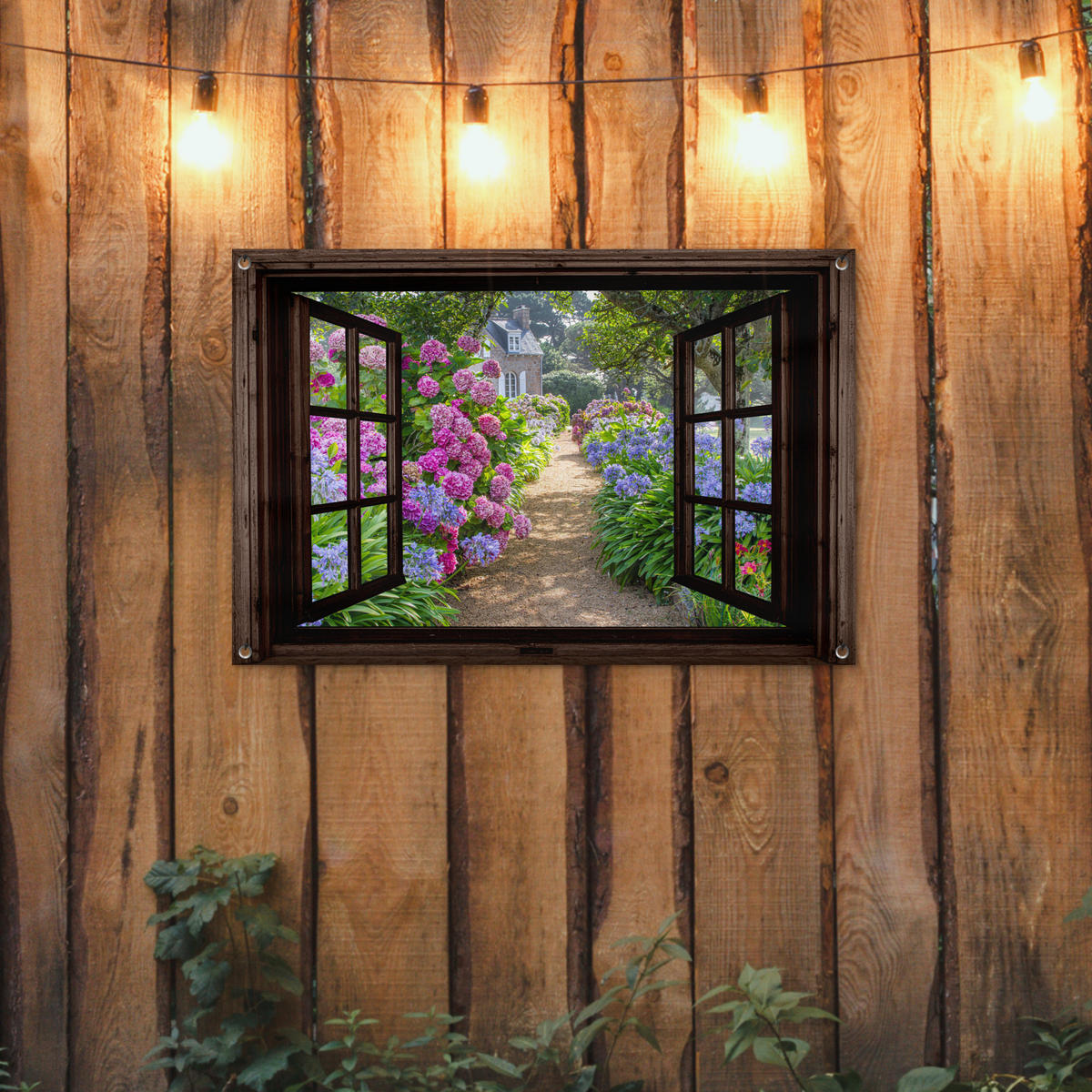 ZAHRADNÍ PLAKÁT Hortenzie - Průhledné - Květiny - Fialové - Příroda - Tmavě hnědé okno 90x60 cm - tmavě hnědá, plast (90/60/0.2cm) - OnlyWow