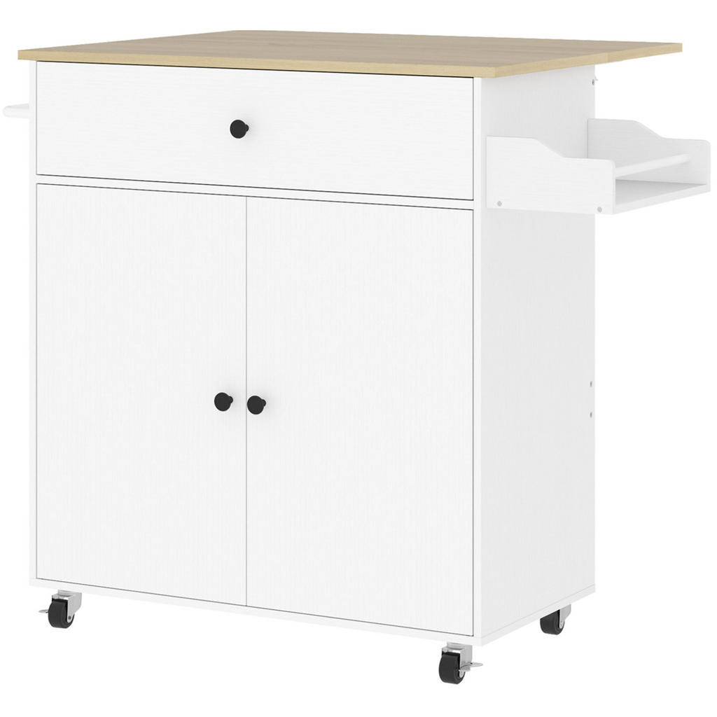 Modfu KUCHYŇSKÝ vozík z MDF 106x42x87 cm bílý na kolečkách se sklápěcí deskou, skříňkou a zásuvkou