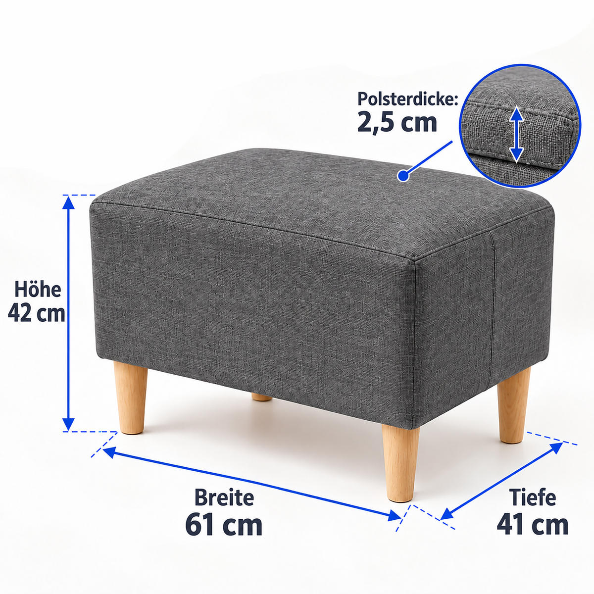 FUSSHOCKER Dunkelgrau gepolstert Holzfüße - Anthrazit, Holz/Textil (61/42/41cm) - Relaxdays