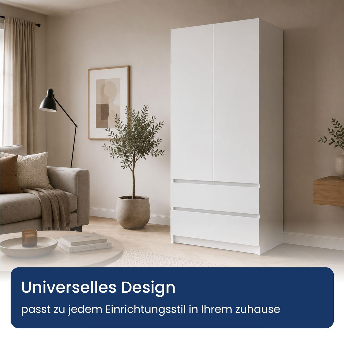 KLEIDERSCHRANK mit 2 Türen und Schubladen in Weiß - Weiß, Holzwerkstoff (90/180/50cm) - Home Collective