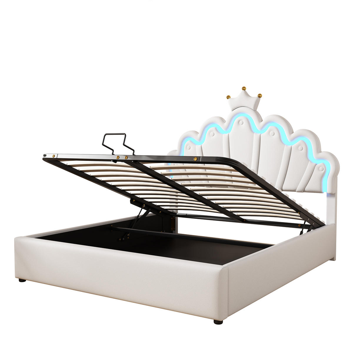 POLSTERBETT 140/200 cm Weiß mit verstellbarer Ambiente-Beleuchtung und Kronenleiste - Weiß, Kunststoff (140/200cm) - OKWISH