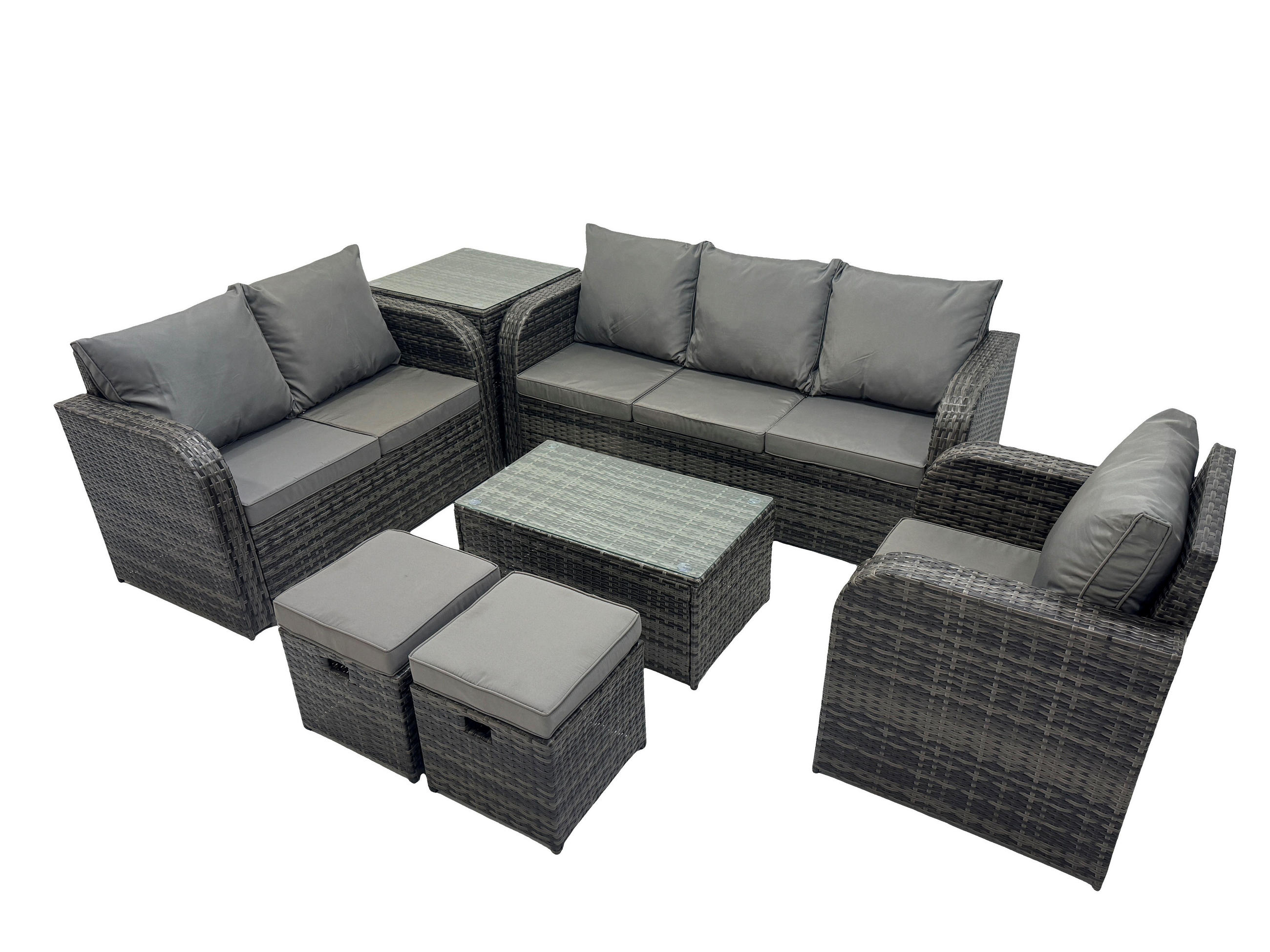 GARTENSET Polyrattan Dunkelgrau 8-Sitzer - Dunkelgrau/Grau, Glas/Kunststoff - Fimous