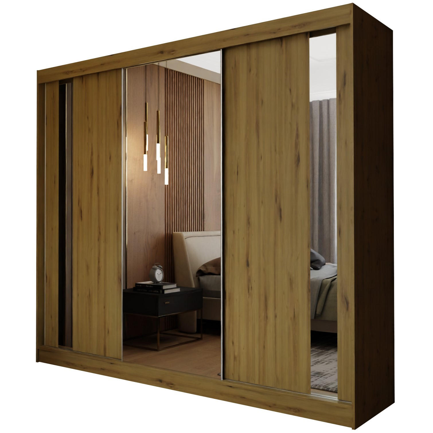 SCHWEBETÜRENSCHRANK GRAZIA 240/216/61 cm 3-türig mit Spiegel Eiche Artisan - Eiche Artisan, Holzwerkstoff (240/216/61cm) - MASSENO