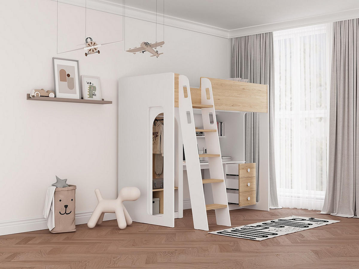 HOCHBETT 90 x 190 cm mit Kleiderschrank und Schreibtisch – Natur und Weiß - ALVENOU - Naturfarben, Holz - Vente-Unique