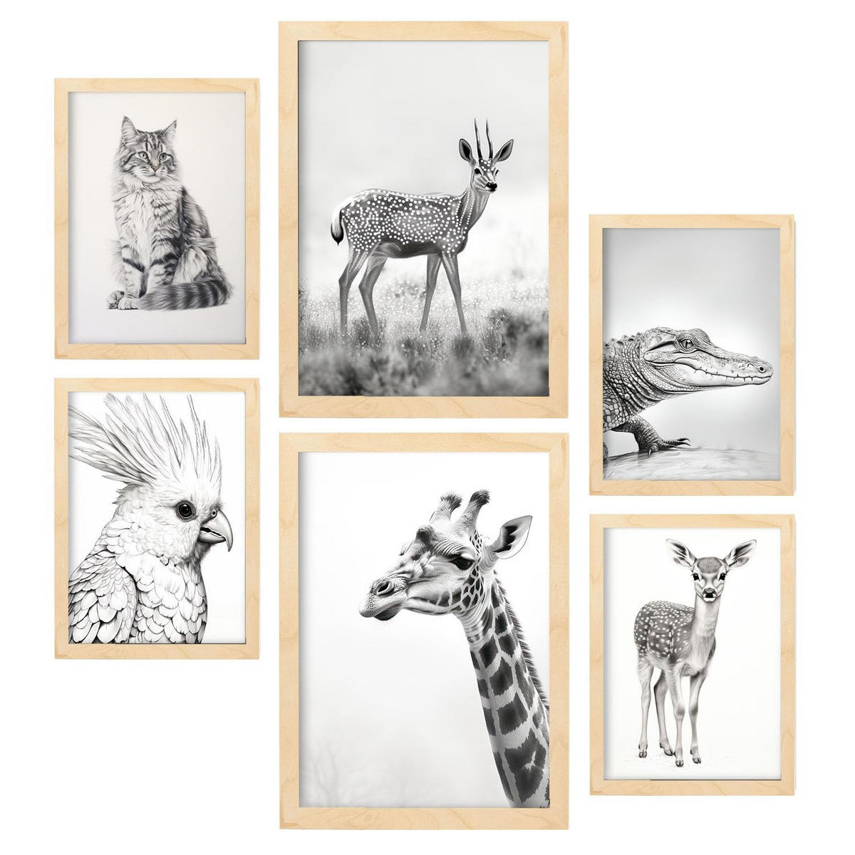 POSTER Set Mit 6 Bleistifttiere A3 & A4 Rahmen Aus Hellem Holz - Beige, Papier (29/3cm) - Nacnic