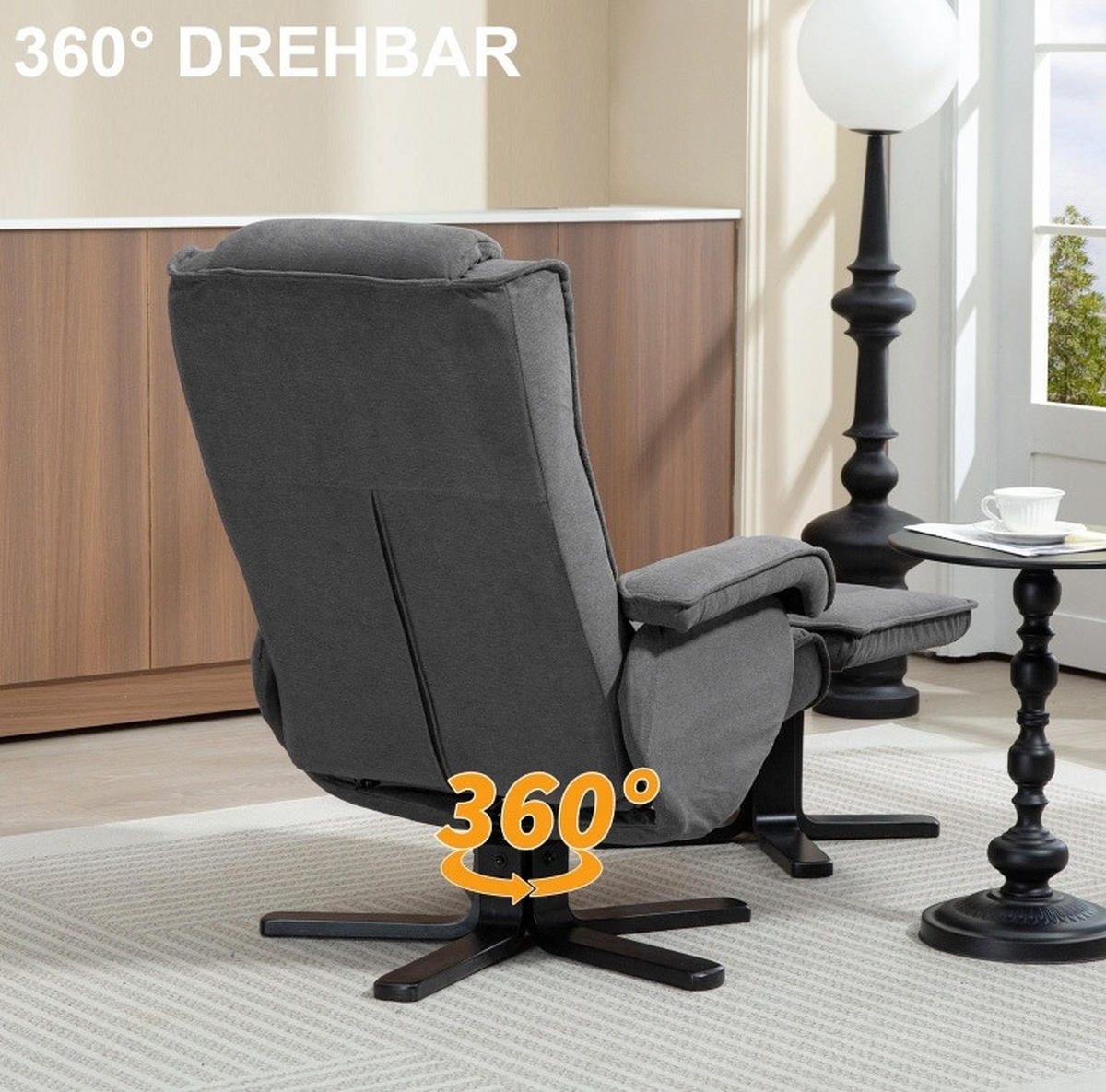 RELAXSESSELSET 67/87/96 cm in Dunkelgrau mit Hocker, Drehfunktion und Liegefunktion - Dunkelgrau, Textil (67/96/87cm) - Flora Grace