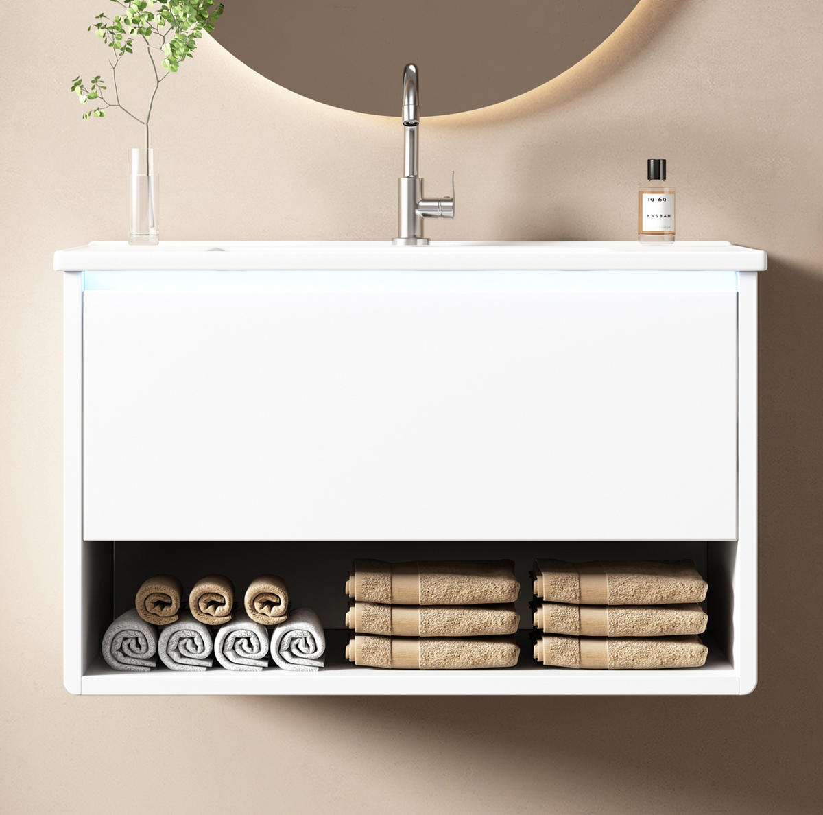 WASCHTISCHKOMBI 76,5/46/45 cm in Weiß mit LED-Sensorleuchte und Soft-Close - Weiß, Holzwerkstoff (76/45/46cm) - BEAOK
