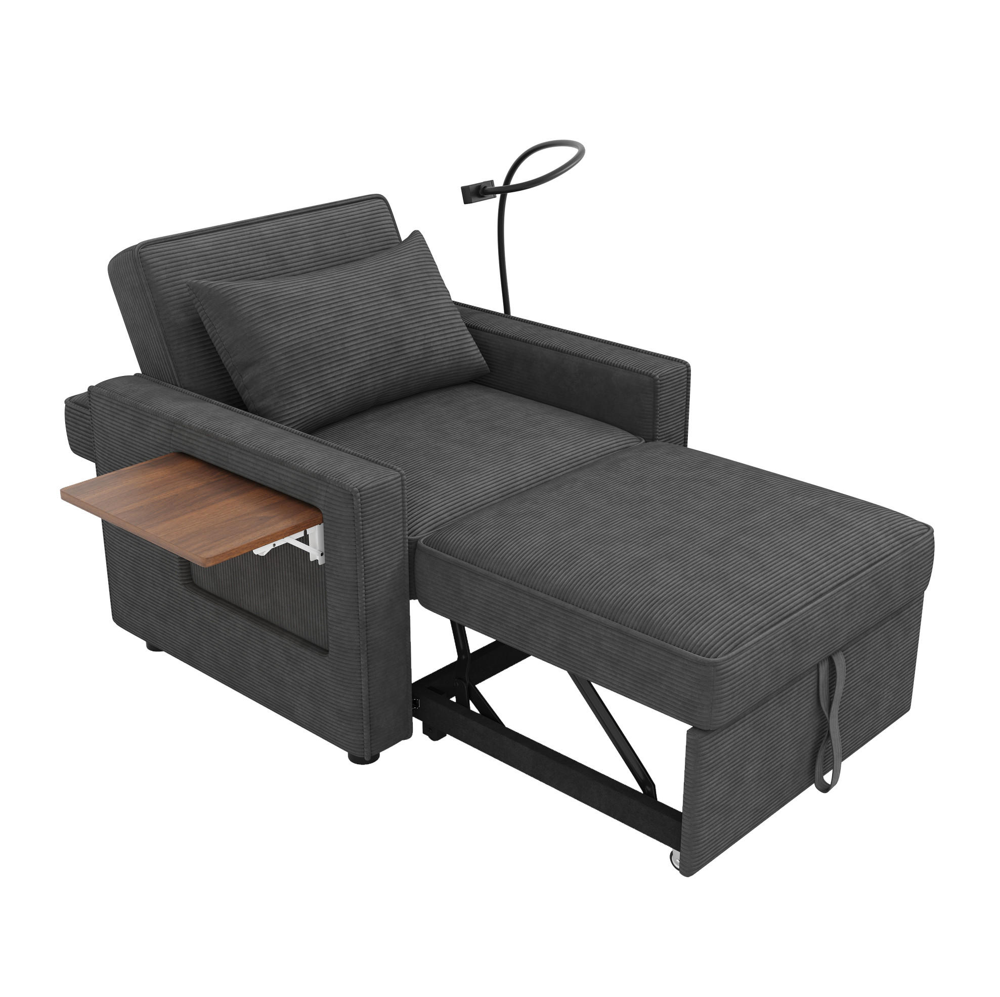 Modfu MULTIFUNKČNÉ rozkladacie kreslo-lôžko z korduroya 93x150x85 cm sivé s USB a Type-C portom, držiakom telefónu a odkladacím stolíkom