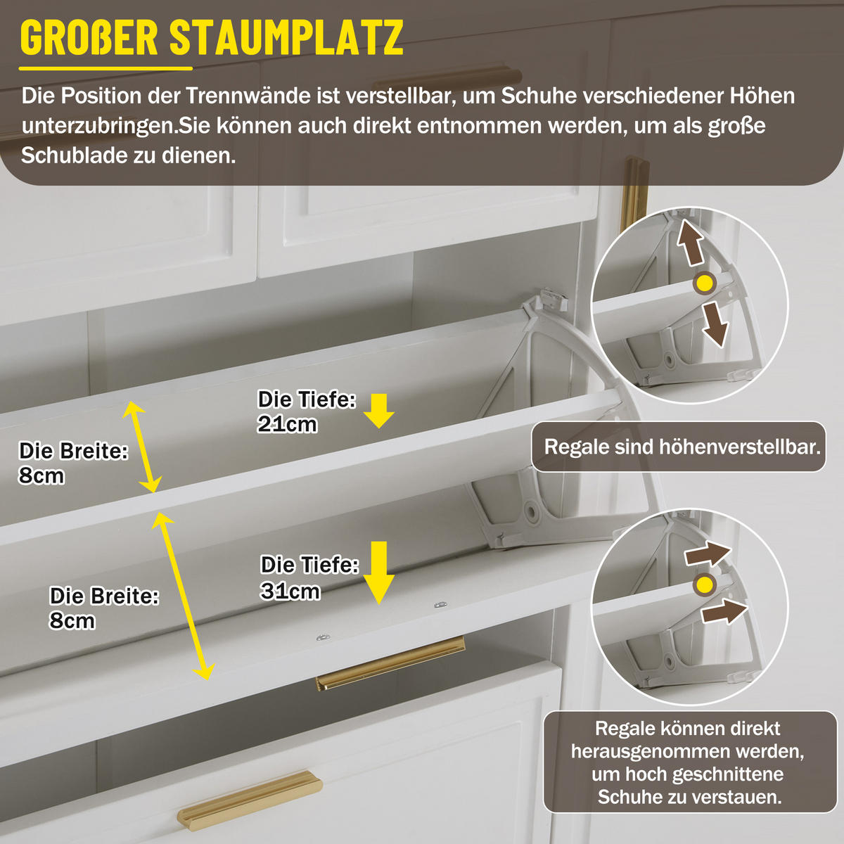 SCHUHSCHRANK Modern Goldgriffe Weiß 120x24x107cm - Weiß, Holzwerkstoff (24/107/120cm) - FLIEKS