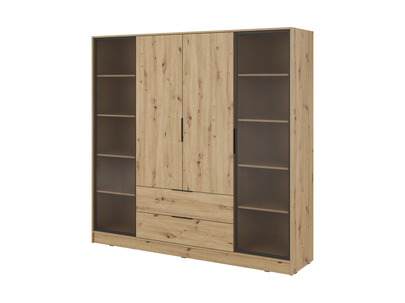 KLEIDERSCHRANK RICADI 4D RD (Artisan Eiche, Riffelglas, 4 Türen, 2 Schubladen, Kunststoffgriffe) - Schwarz/Eiche Artisan, Holz/Holzwerkstoff (206/200/51cm) - Ravio