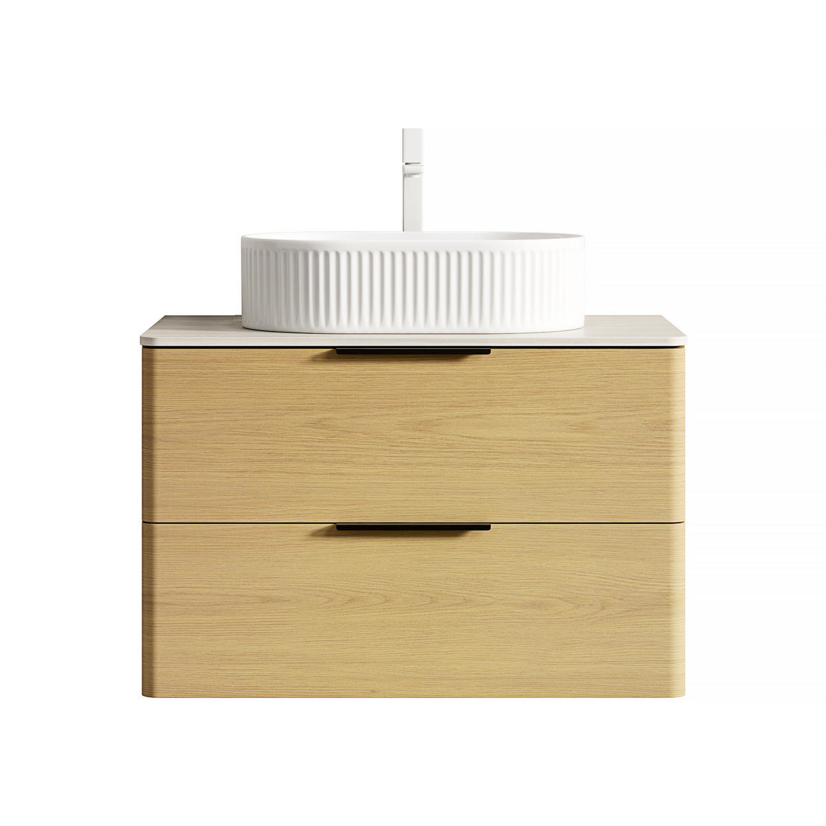 WASCHTISCHUNTERSCHRANK 75x46x62.2cm Beige/Eiche/Weiß mit ovalem Keramikbecken & Travertin-Arbeitsplatte - Eichefarben, Keramik (75/62.2/46cm) - Modfu