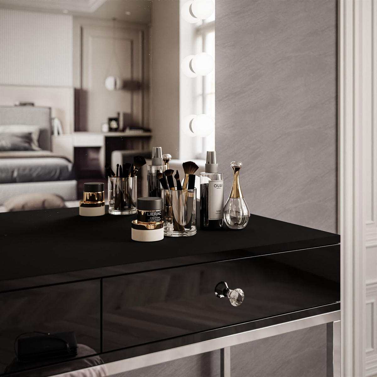 SCHMINKTISCH BLANCO GLAMOUR ELITE mit Spiegel und Beleuchtung Schwarz Hochglanz Kristallgriff - Schwarz Hochglanz/Silberfarben, Holzwerkstoff (100/146/42cm) - Lookway