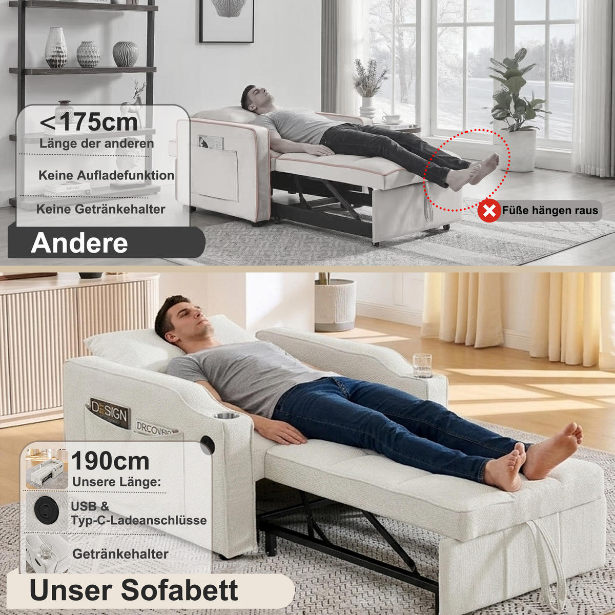 RELAXSESSEL 190/85/86 cm Beige mit USB-/Typ-C-Anschluss und Seitentasche - Beige, Textil (190/86/85cm) - Oxeza