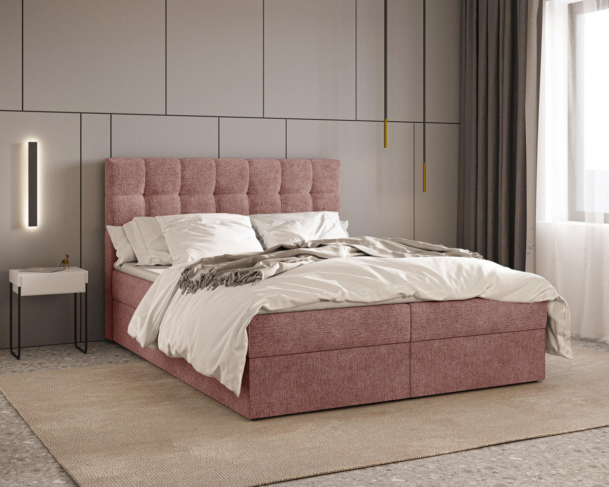 BOXBETT - Bett 05 OSLO - Aragon - 140x200 cm - mit Bettkasten und Komfort-Topper - Rosa, Holz (140/200cm) - ROYAL24_MARKT