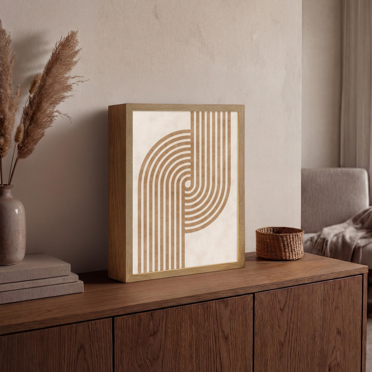 NÁSTĚNNÁ LAMPA S AKUMULÁTOREM Symetrický ohyb - měděná barva 30x40 cm - béžová, kompozitní dřevo (30/40/8cm) - OnlyWow