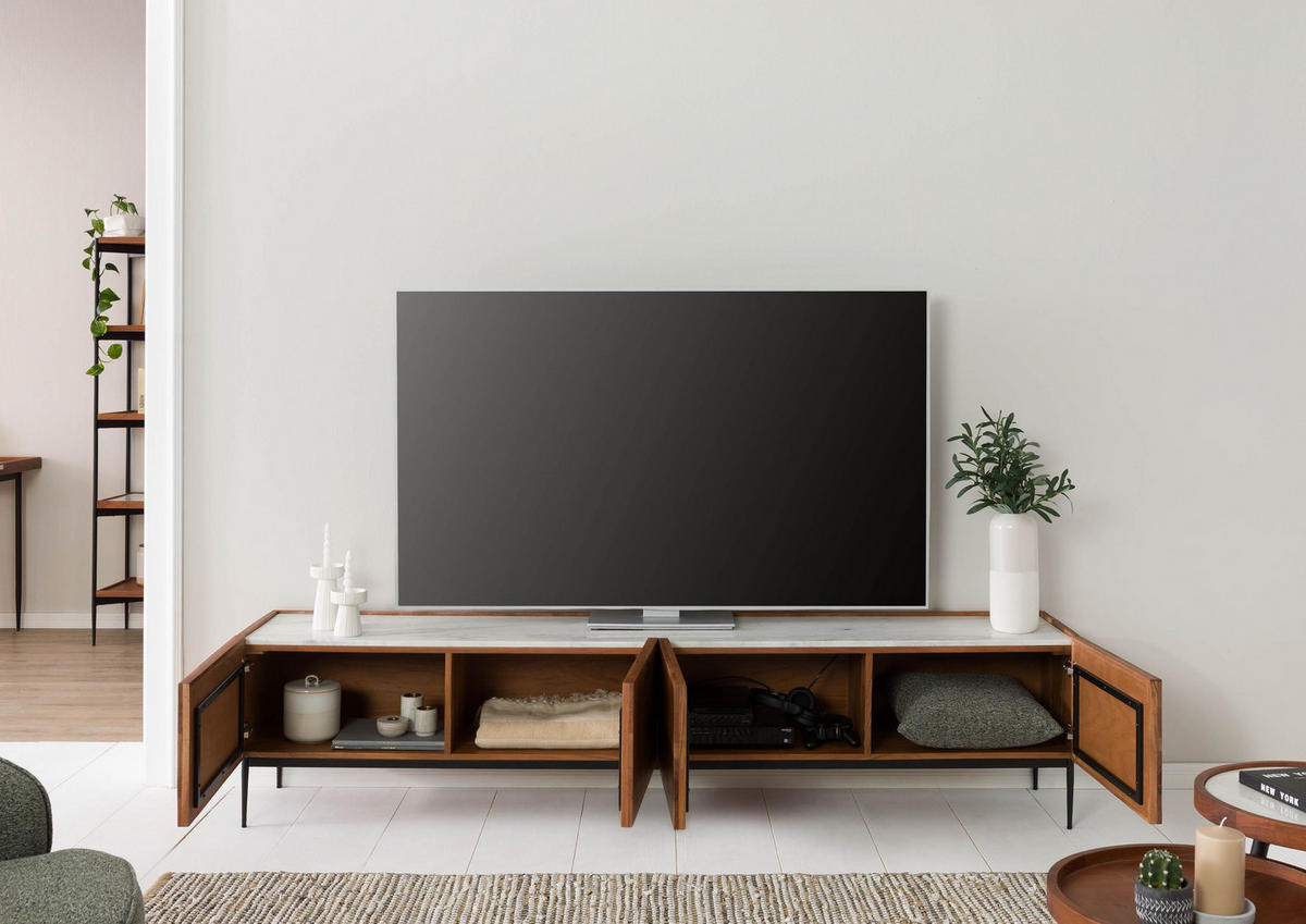 TV-BOARD Akazie 220x40x50 natur lackiert / Marmor weiß KARLSTAD #06 - Naturfarben, Holz (40/50/220cm) - Massivmoebel24