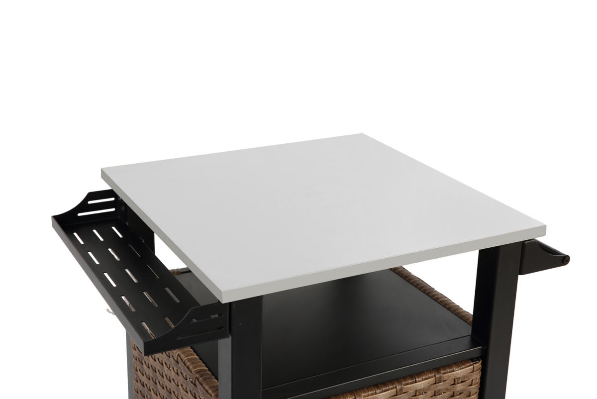 KÜCHENINSEL Barwagen 76x57x85cm braun Korbgeflecht/Edelstahl mit ausklappbarer Platte & Stauraum - Braun, Metall (57/85/76cm) - Modfu