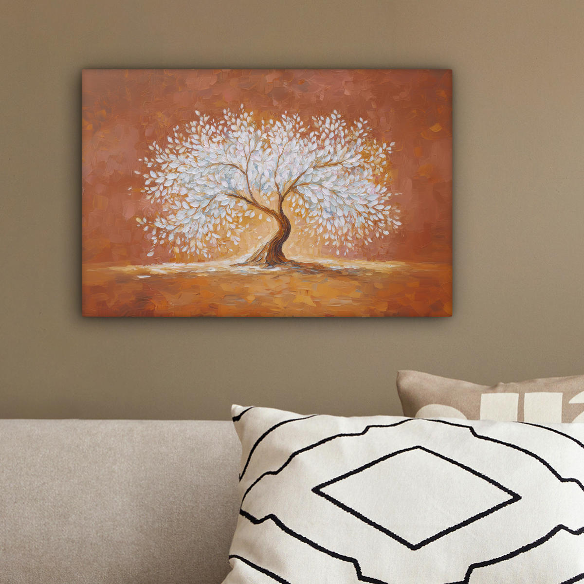 LEINWANDBILD Abstrakt - Baum - Weiß - Blätter Deko Schlafzimmer 30x20 cm - Braun, Textil (30/20cm) - MuchoWow