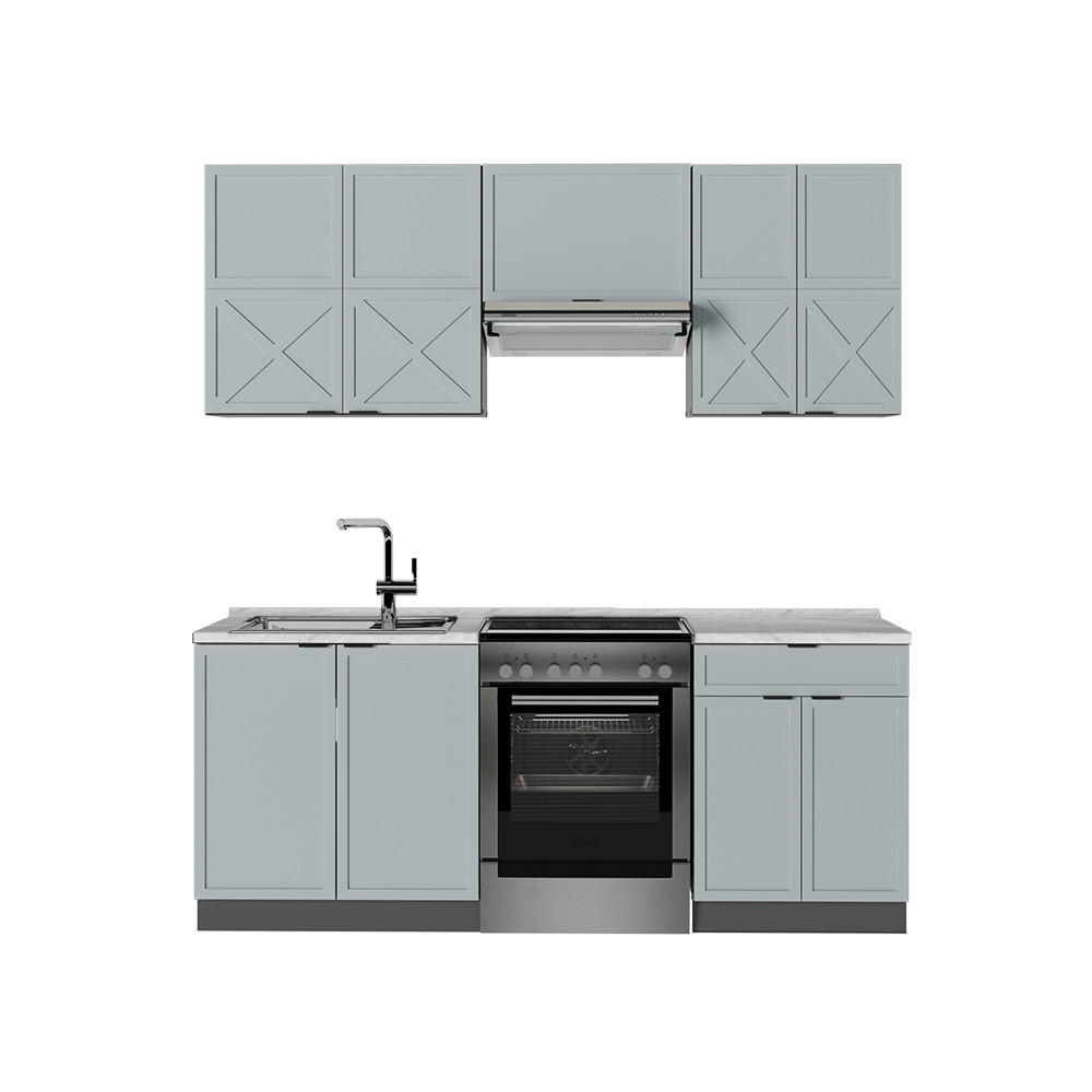 KÜCHENZEILE Fame-Line Hellblau-grau/Anthrazit 200 cm, AP Marmor - Anthrazit/Blaugrau, Holzwerkstoff (200/81.6/60cm) - Vicco