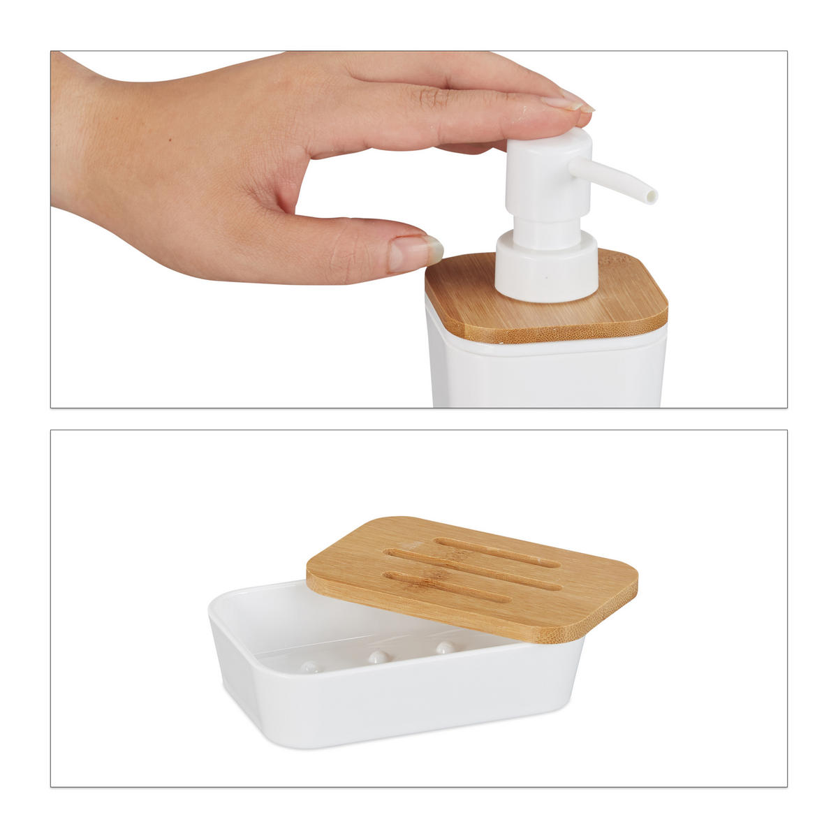 4-TEILIGES Badaccessoires-Set - Weiß, Holz/Kunststoff (7/17.5/7cm) - Relaxdays