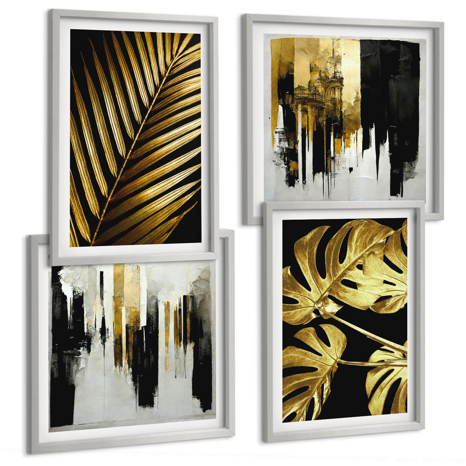 BILDER SET 4er Set - 50x50 cm & 40x60 cm Silberner Rahmen - Abstrakte Monstera-Palmenblätter - Silberfarben, Kunststoff (50/50cm) - TULUP