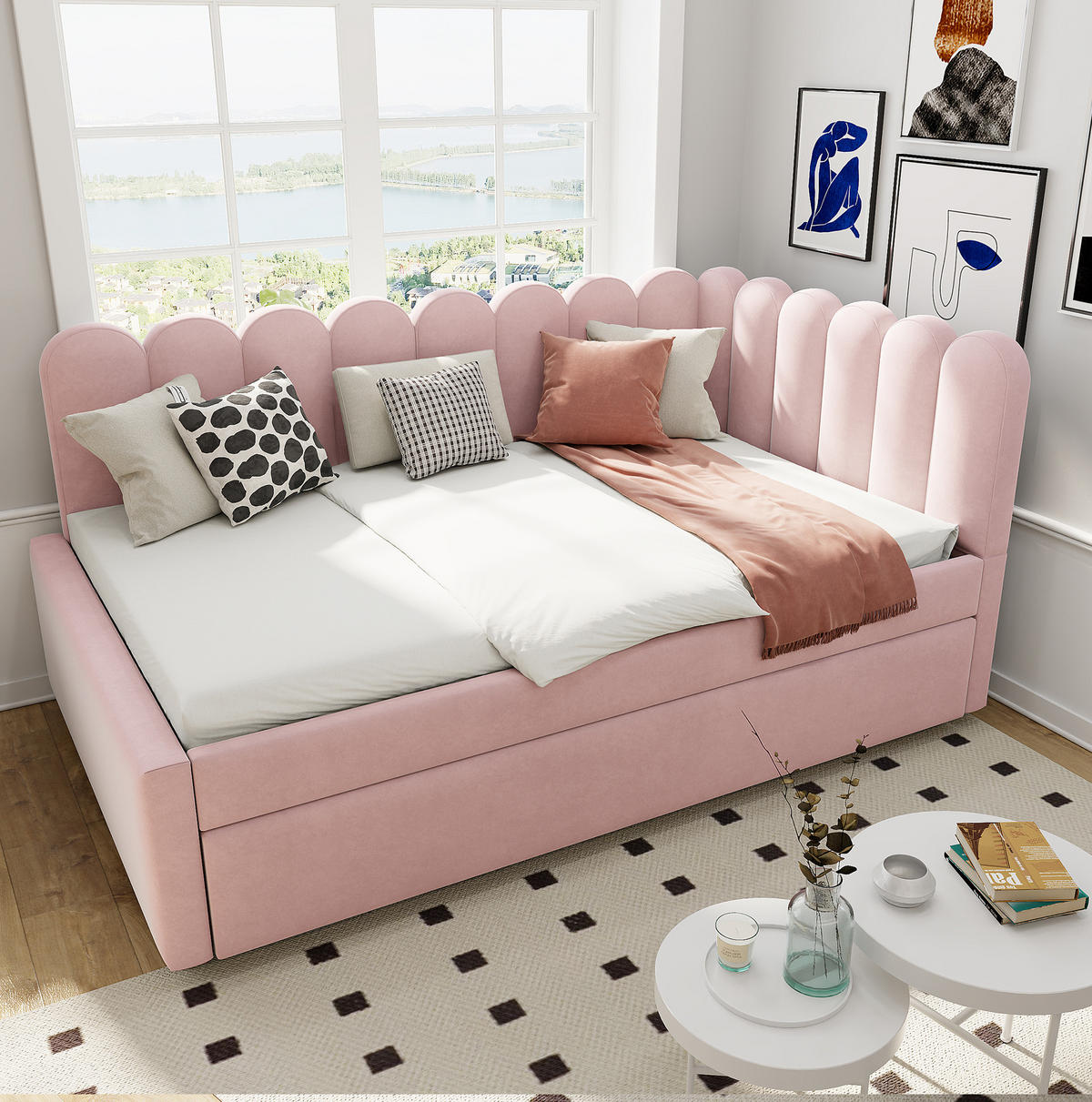 POLSTERBETT 140/200 cm mit Ausziehbett, L-Form und Samtbezug mit blütenblattförmiger Rückenlehne, Rosa - Rosa, Leder (140/200cm) - Redom
