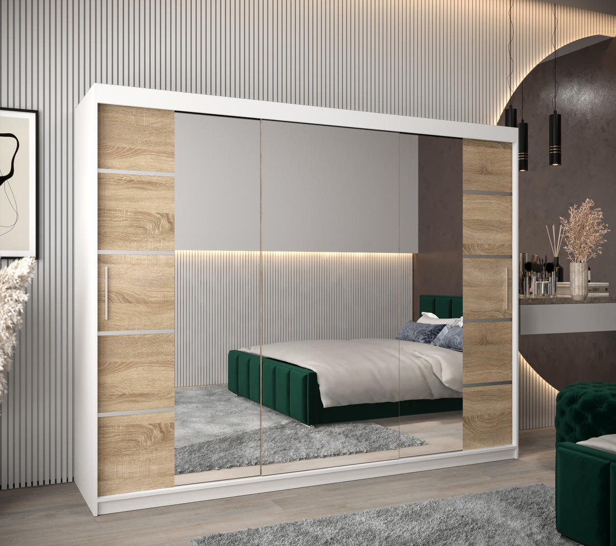 SCHWEBETÜRENSCHRANK 200/250/62 3-türig - Silberfarben/Weiß, Holz/Kunststoff (250/200/62cm) - Abiks Möbel