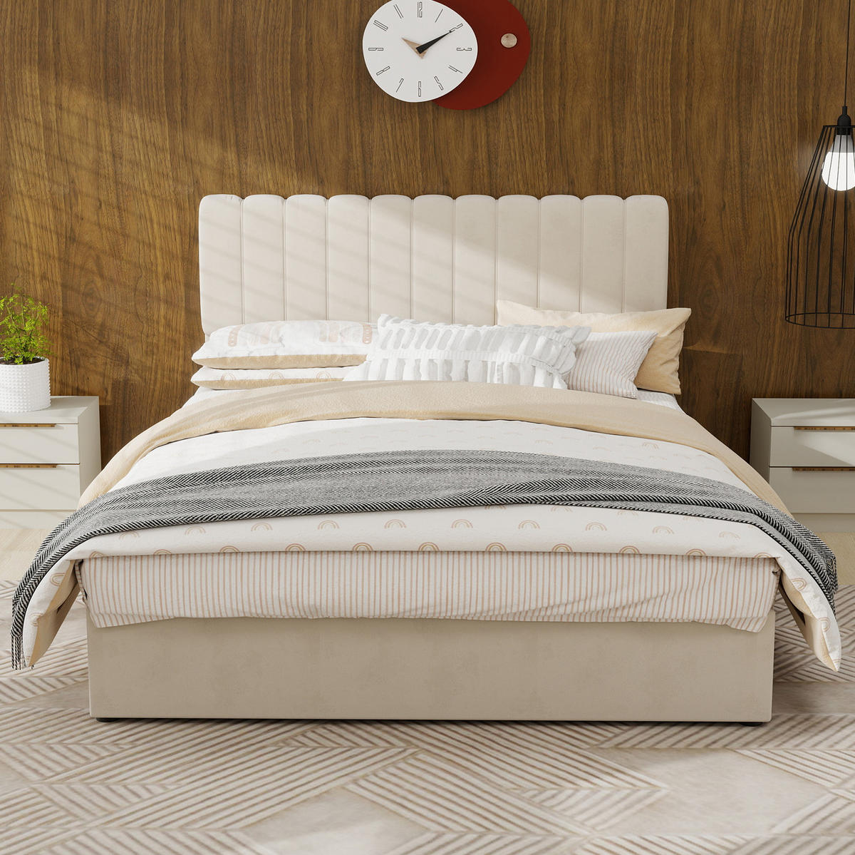 POLSTERBETT 140/200 cm beige aus Stoff und Metall mit gepolstertem Kopfteil - Beige, Textil (140/200cm) - OKWISH