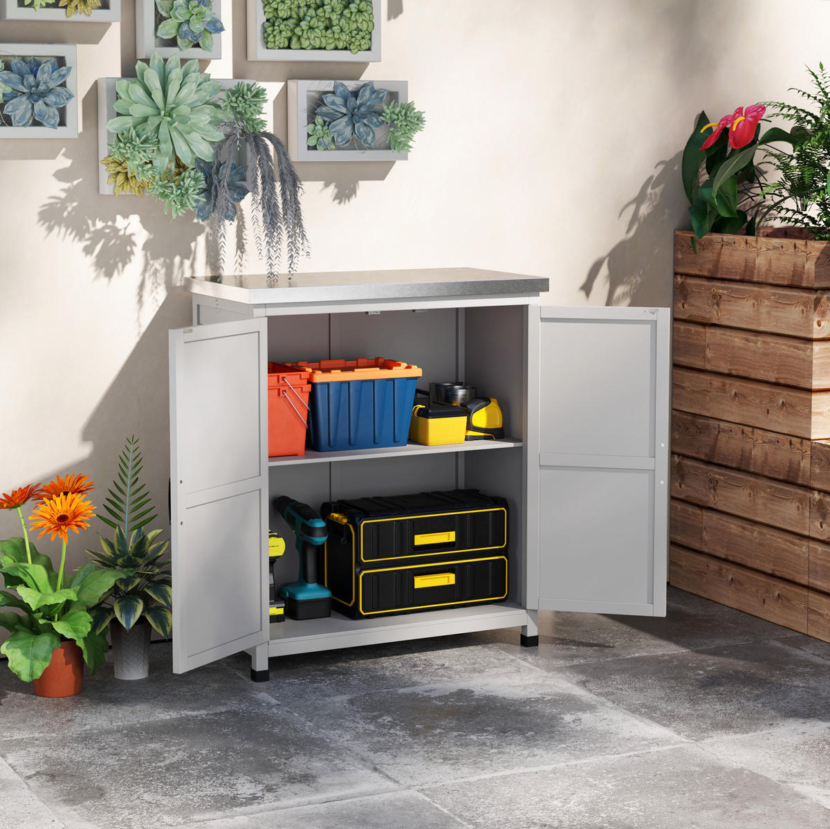 GARTENSCHRANK aus Massivholz 79x40x92 cm Grau mit verzinkter Tischplatte - Grau, Holz (40/92/79cm) - Modfu