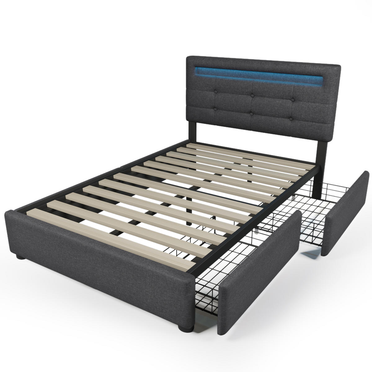 POLSTERBETT 90/200 cm Grau mit LED-Beleuchtung und 2 Schubladen - Grau, Textil (90/200cm) - OKWISH