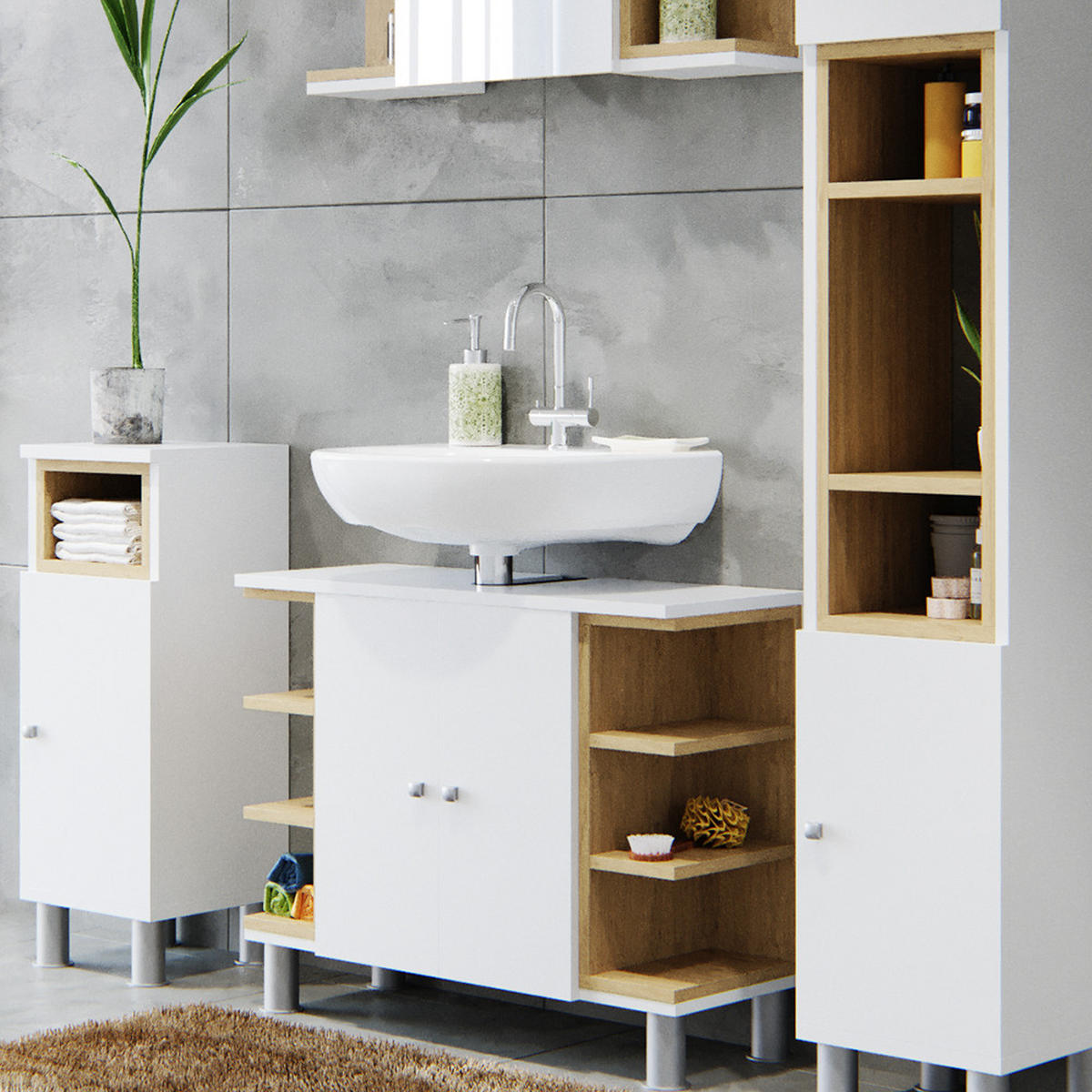 BADMÖBEL-SET Aquis Weiß/Sonoma 4 Teile - Weiß, Holzwerkstoff (79.6/64/32cm) - Vicco