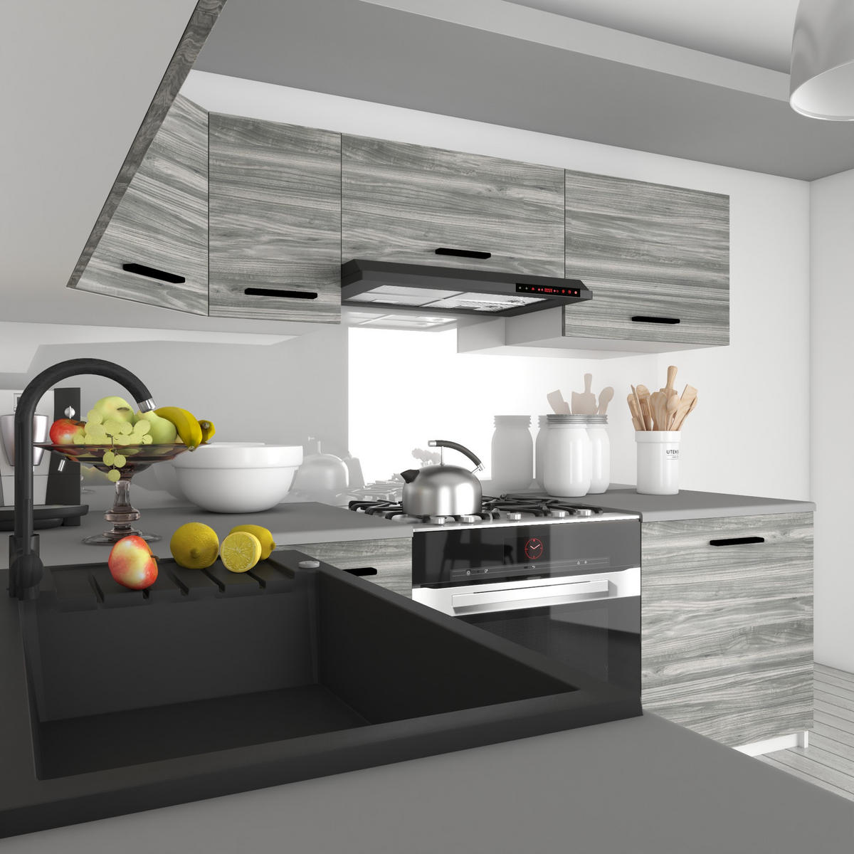 KÜCHENZEILE Italia 7 420 cm , mit Arbeitsplatten, Grau Glamour - Hellgrau, Holz (420/143/60cm) - B BELINI GROUP