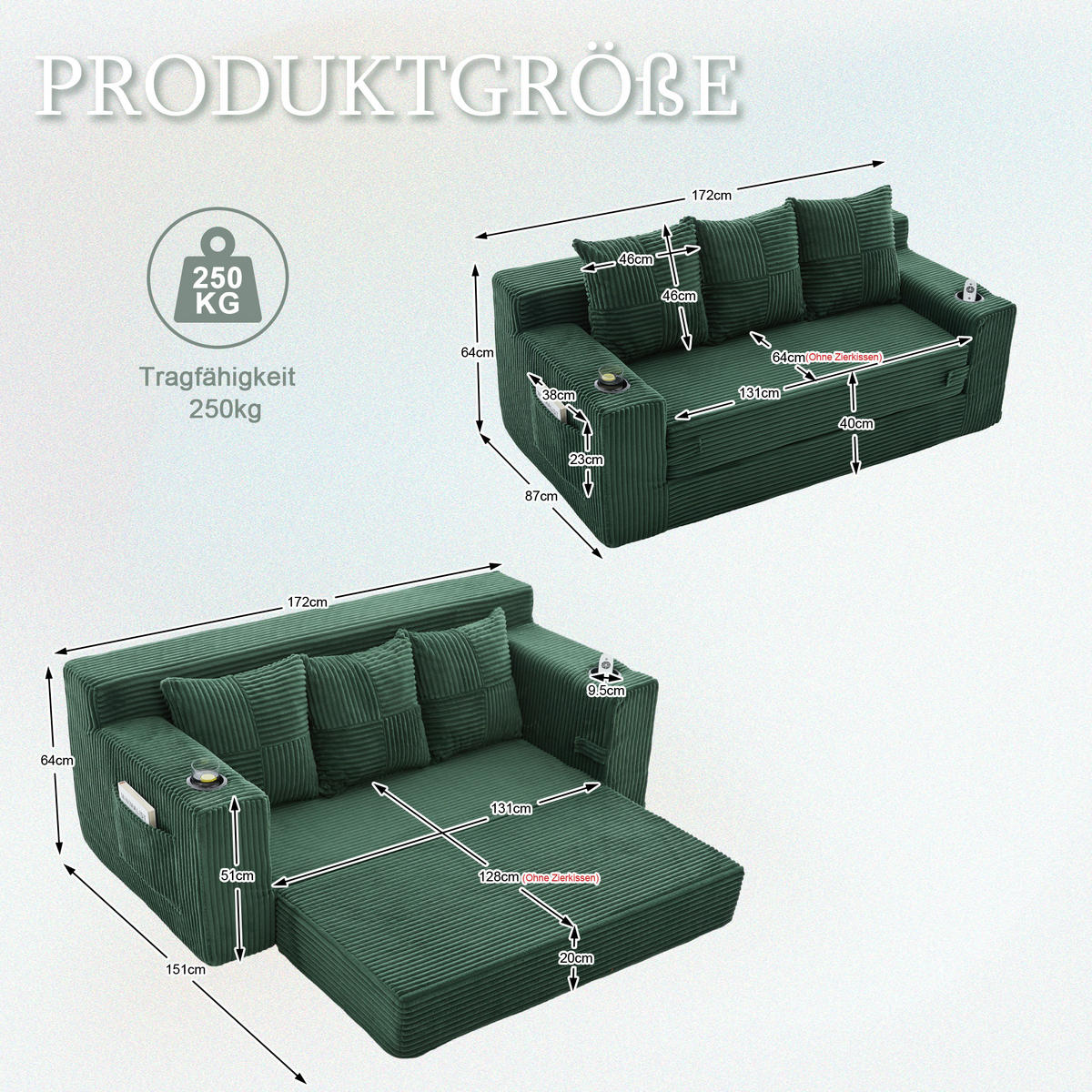 2-SITZER Bodensofa ausklappbar, Getränkehalter/Seitentaschen, Cord, Grün - Grün, Textil (172/64/87cm) - LVHOM