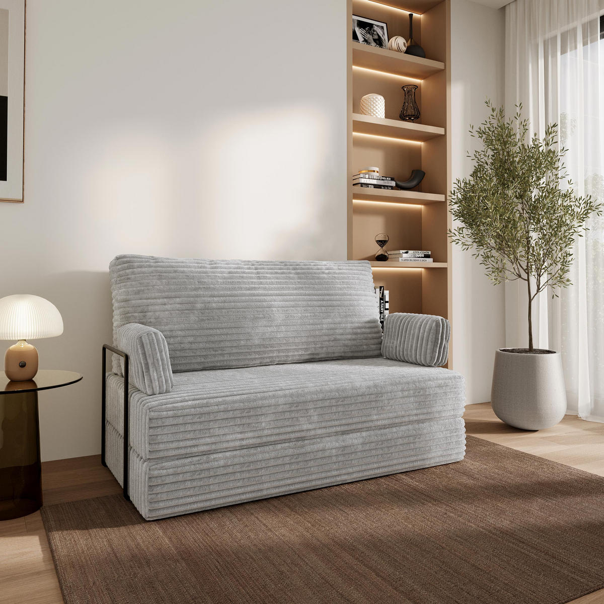 BETTSOFA LADIA aus Schaumstoff Cordstoff Hellgrau Schlaffunktion - Grau, Textil (140/86/60cm) - MASSENO