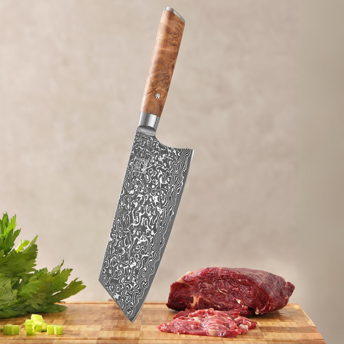 BLOCKMESSER Kiritsuke Kinone Damast - Birkefarben, Holz/Metall (34cm) - Zayiko