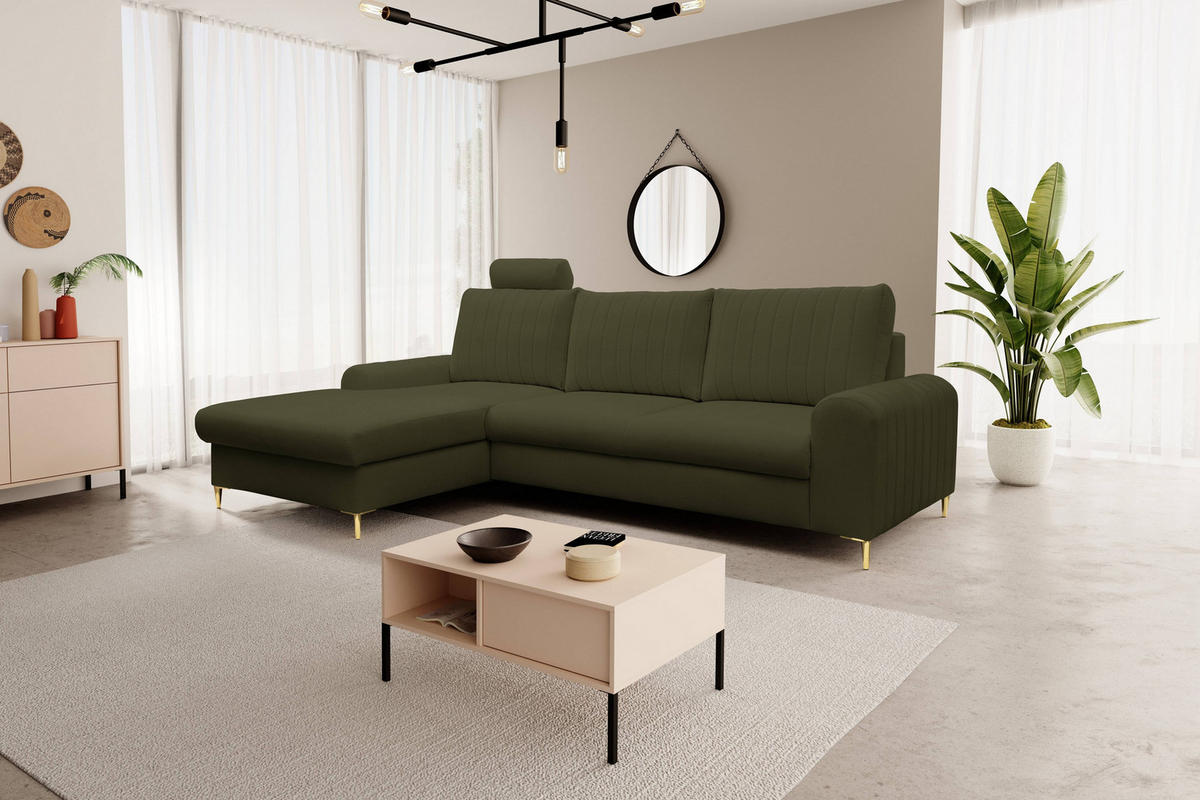 ECKSOFA VERONA L-S Olivgrün Geflochtener Stoff mit Schlaffunktion - Olivgrün, Holz (251/164cm) - MASSENO