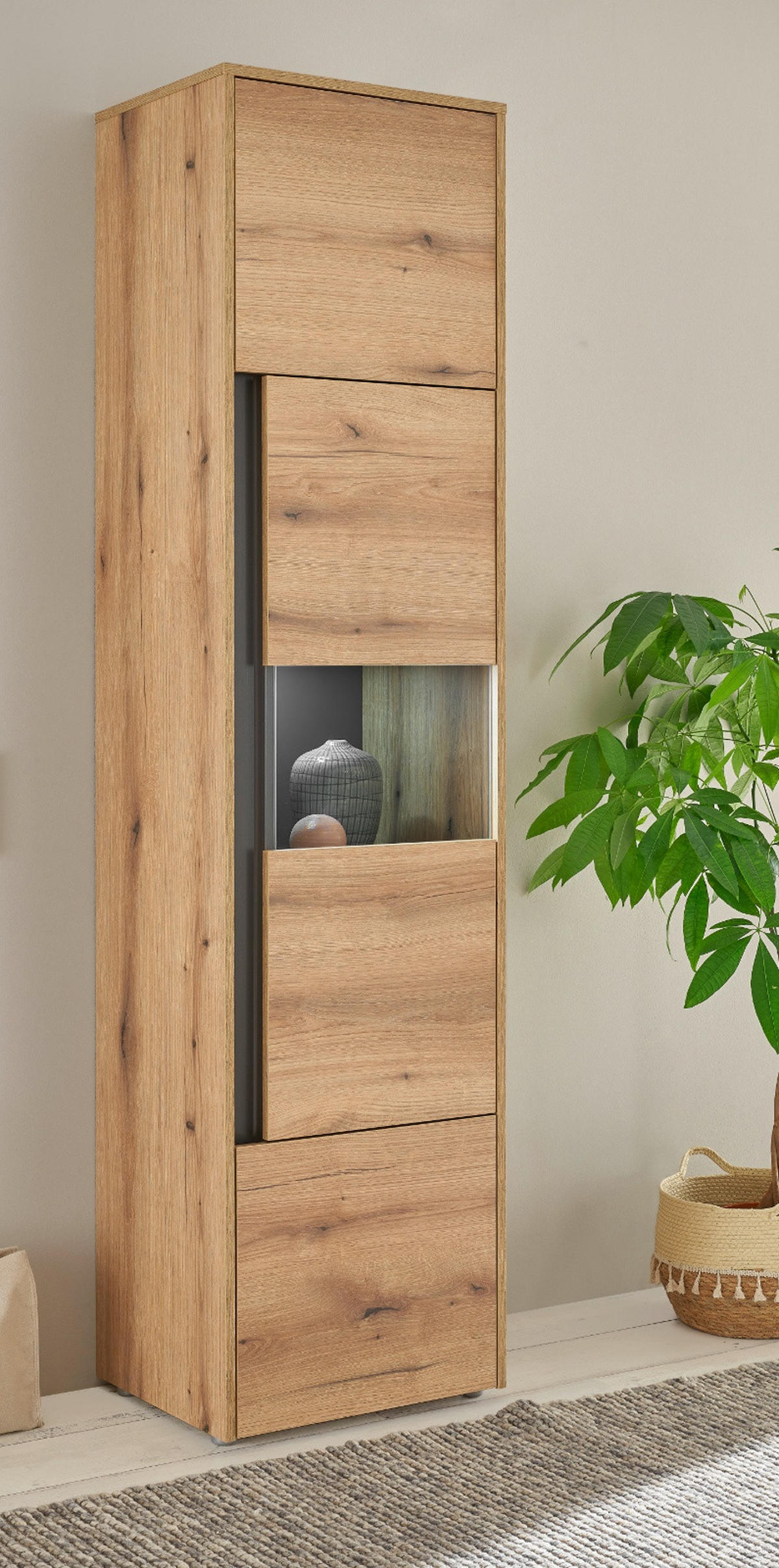 VITRINE Eiche Evoke 50 cm, Vitrinenschrank 3-türig mit 5 Fächern - Eichefarben/Schwarz, Glas/Holzwerkstoff (50/197/40cm) - Furn.Design