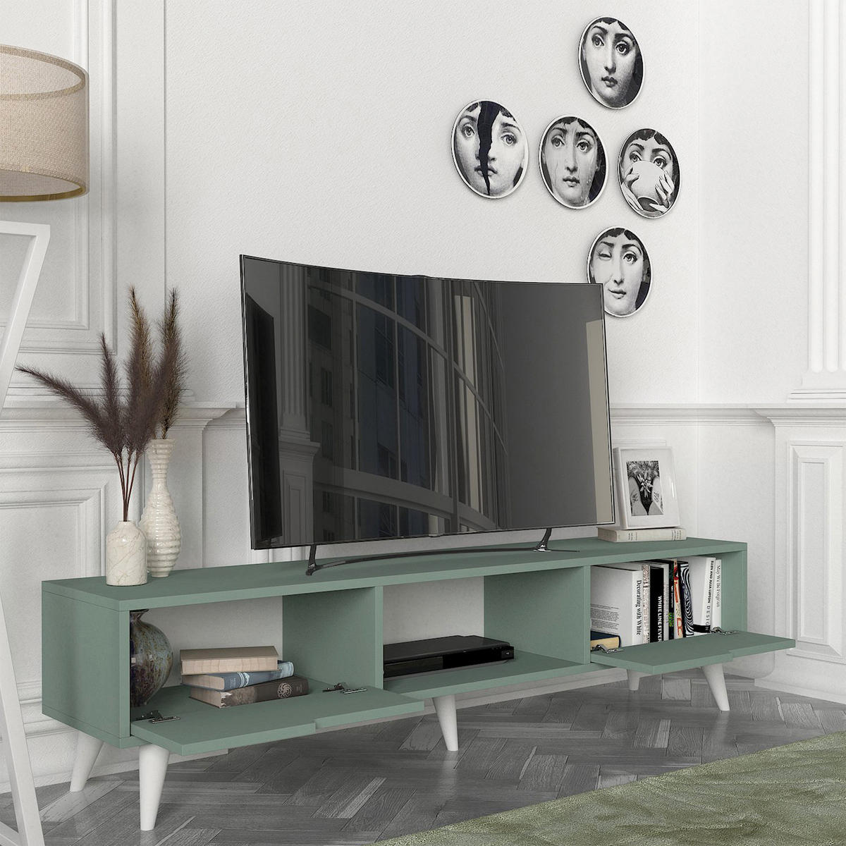 FERNSEHSCHRANK Kullila - Eichefarben/Grün, Holzwerkstoff (35/40/160cm) - [en.casa]